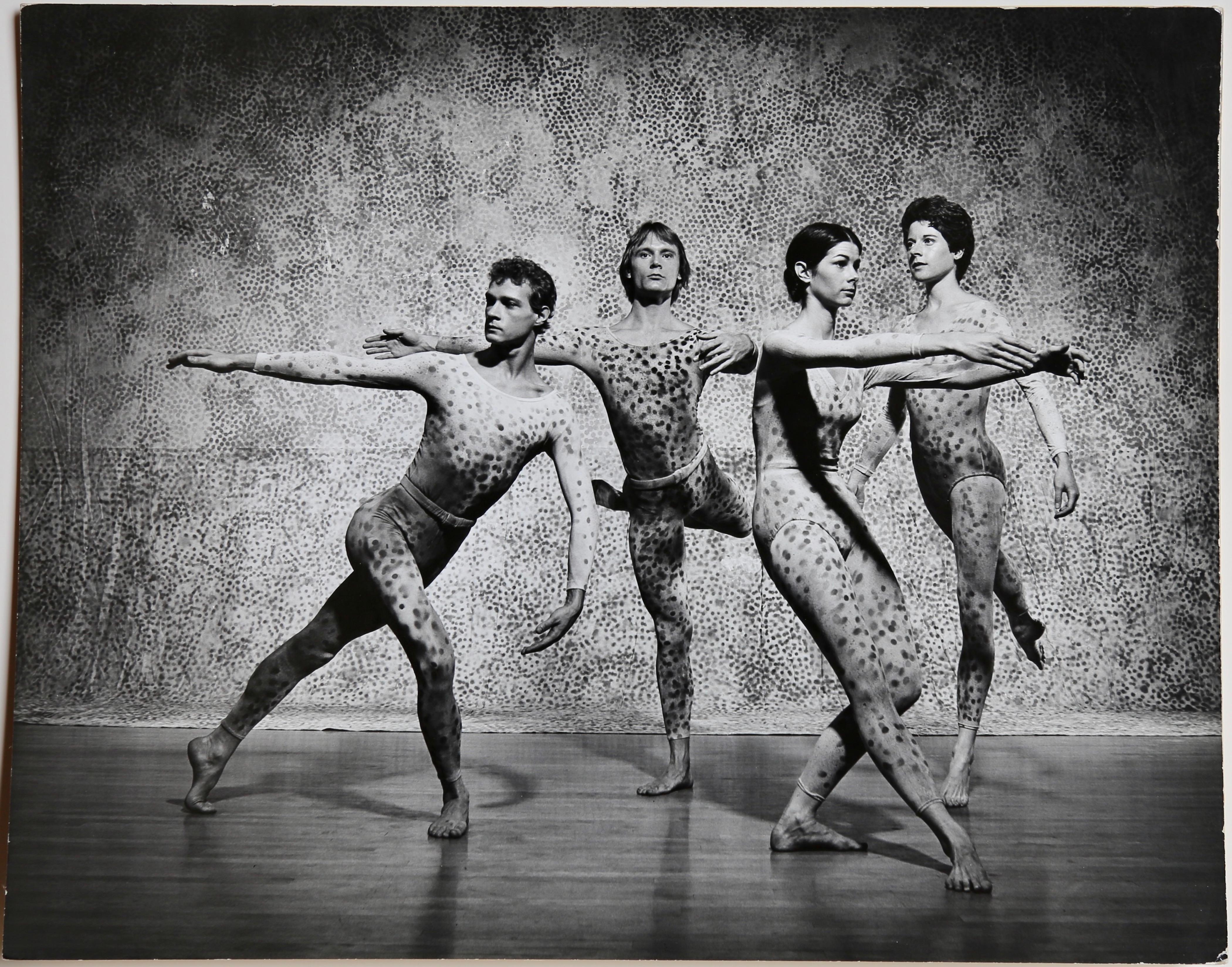 Jack Mitchell signed vintage mid-20th Century photograph of the Mere Cunningham Dance Company in "Summerspace" by the iconic modern dance choreographer Merce Cunningham. "Summerscape" was one of Cunningham's signature ballets. Photo taken in 1975.