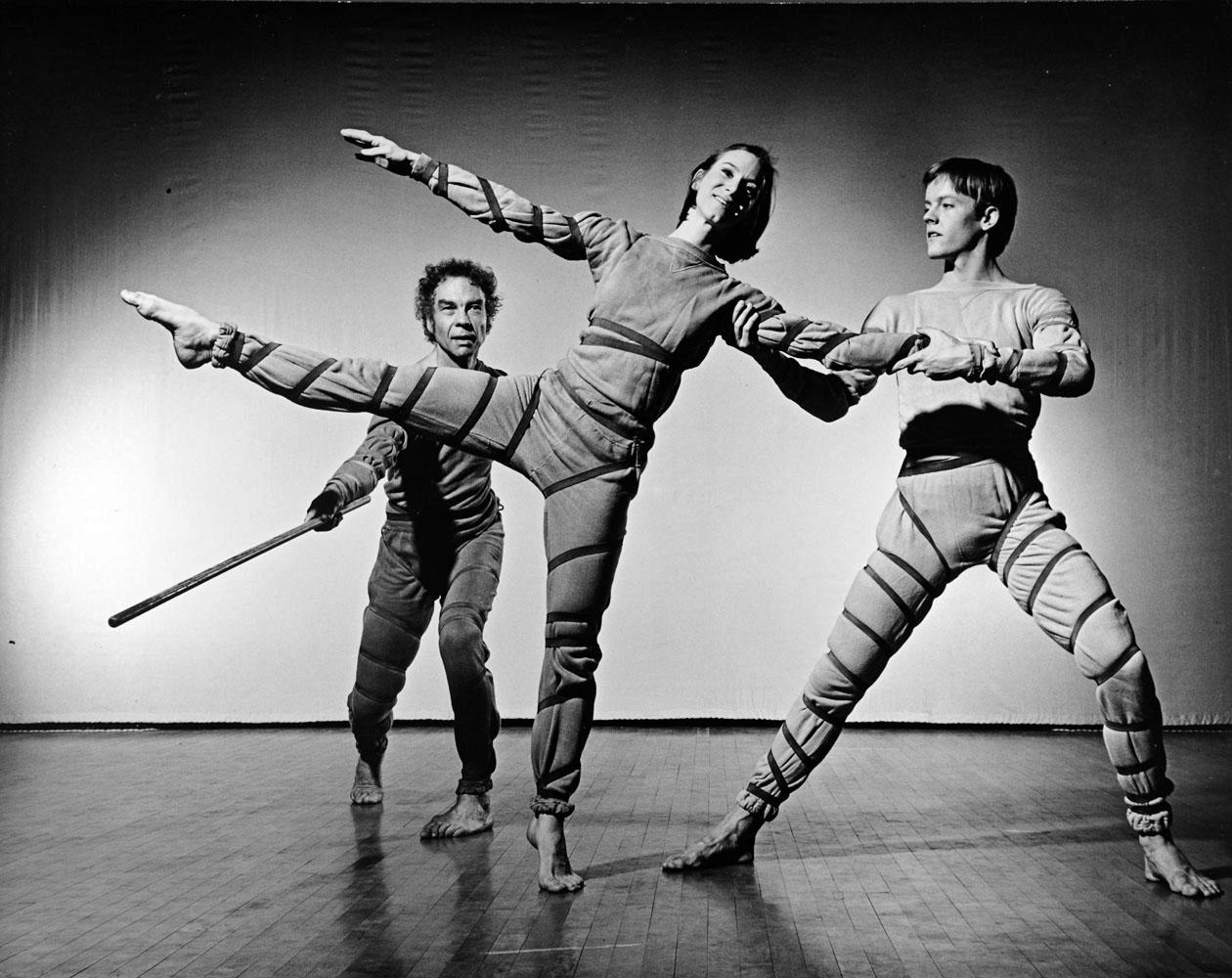 Jack Mitchell Black and White Photograph - Merce Cunningham, Ellen Cornfield and Charles Moulton performing 'Signals' 
