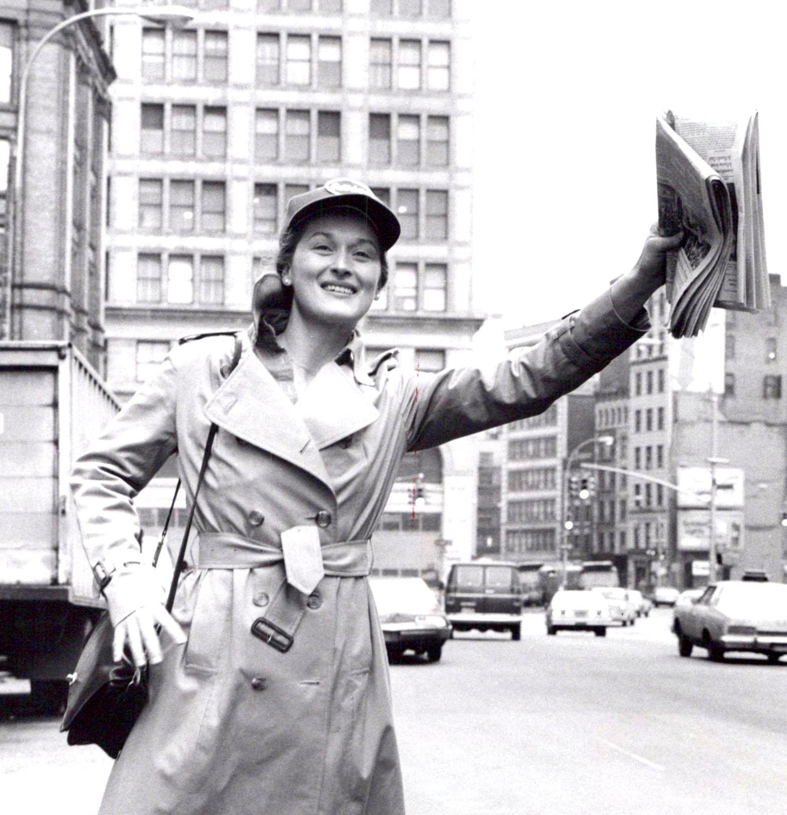 Meryl Streep hailing a cab outside of Joseph Papp's Public Theater in Manhattan - Photograph by Jack Mitchell