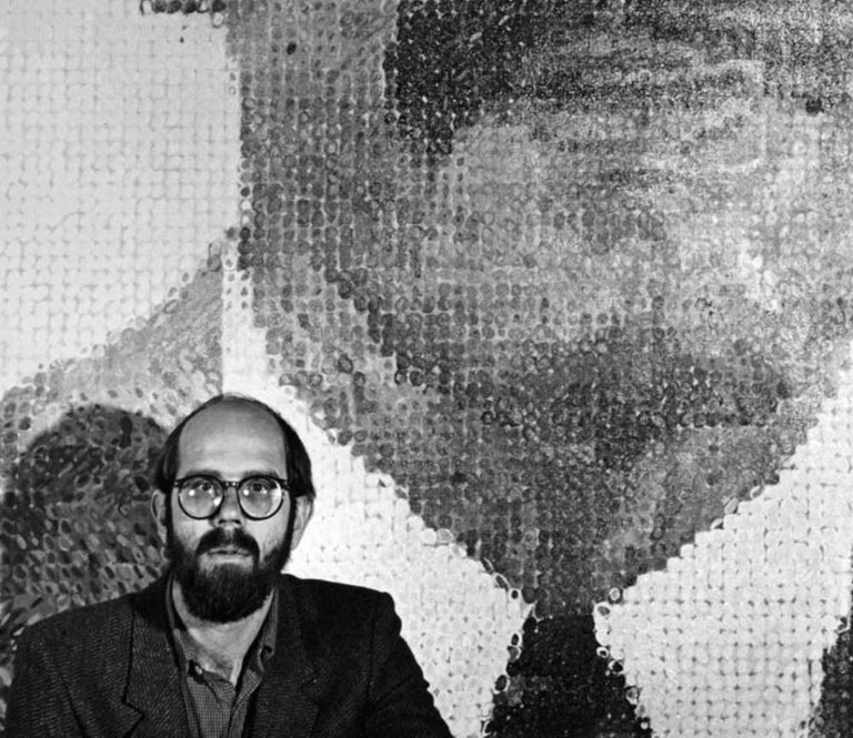 Jack Mitchell Photorealist painter Chuck Close with his work, signed by Jack Mitchell For Sale