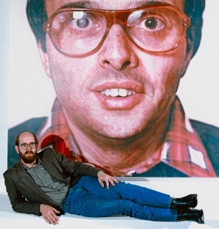 Photorealist painter Chuck Close with recent work - Photograph by Jack Mitchell