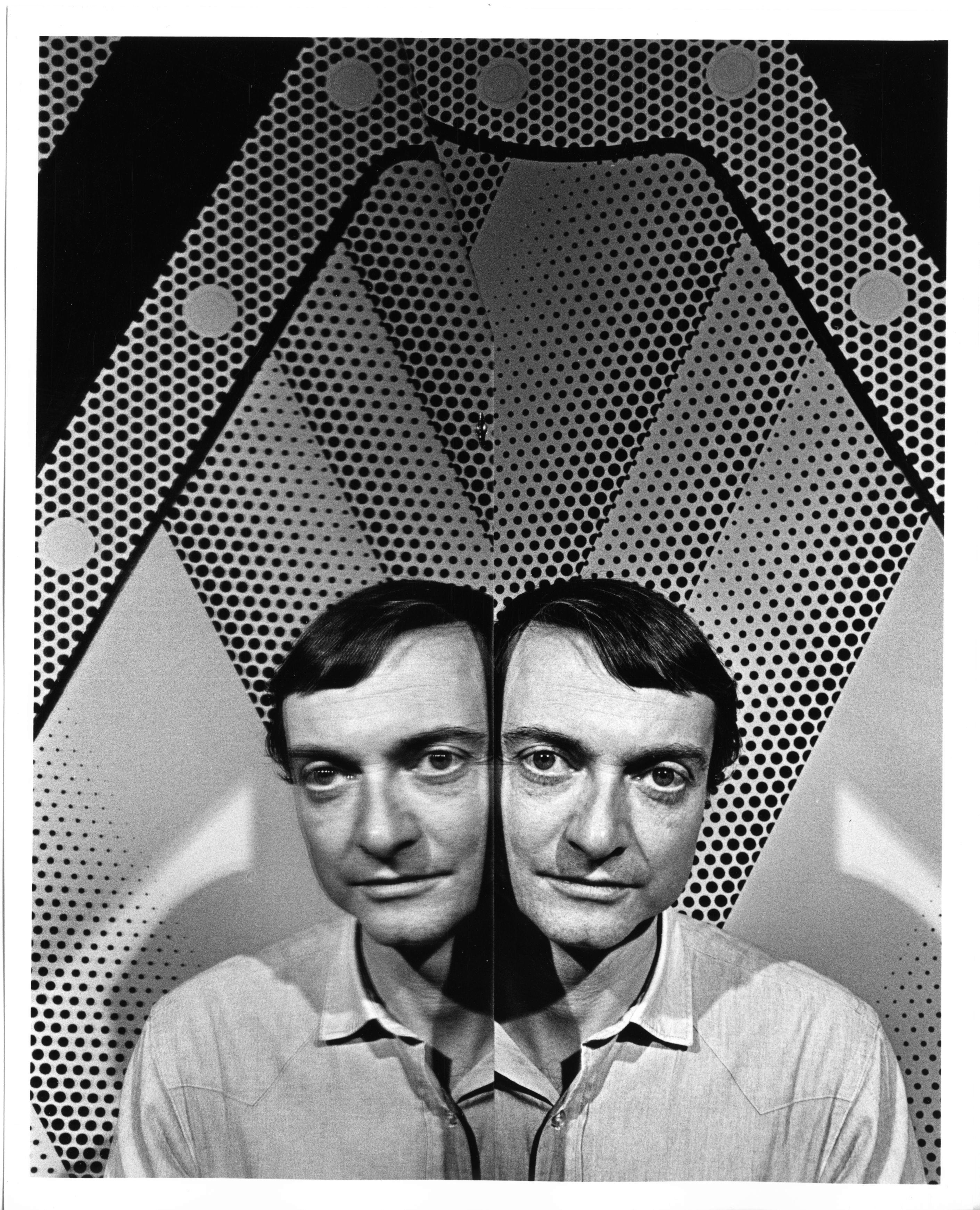 Jack Mitchell Black and White Photograph - Pop Artist Roy Lichtenstein standing against mirror with new work in background