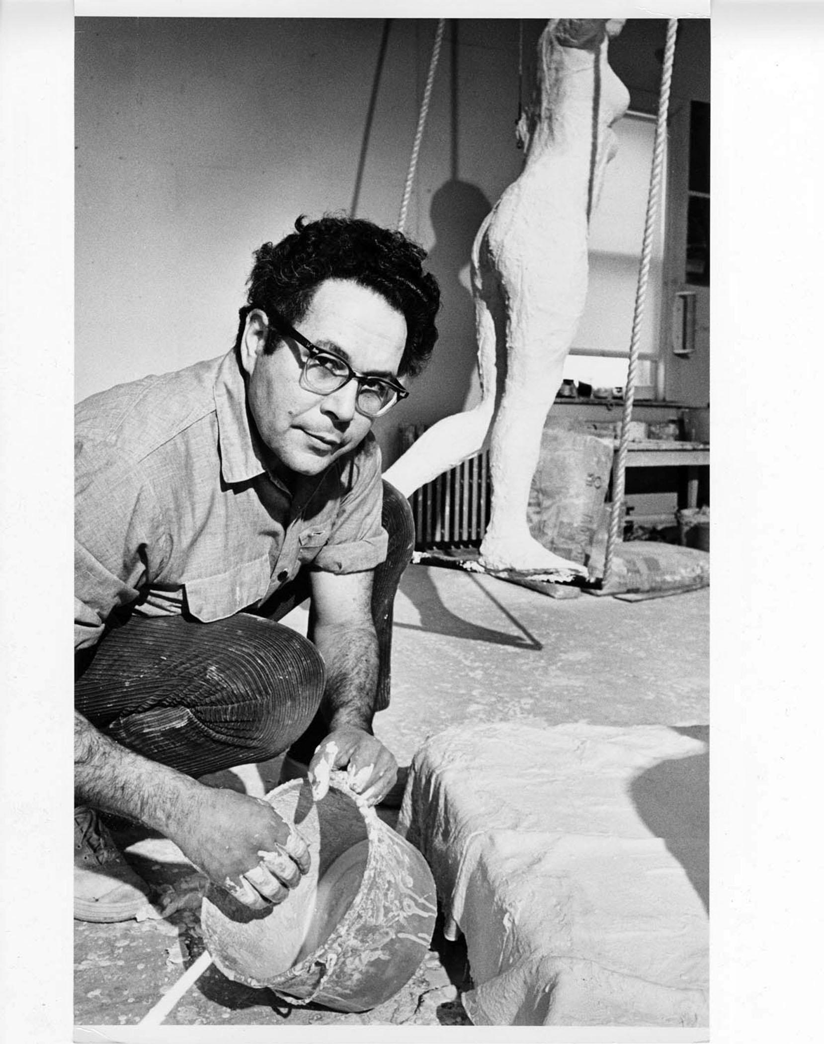Jack Mitchell Black and White Photograph - Sculptor George Segal working in his studio
