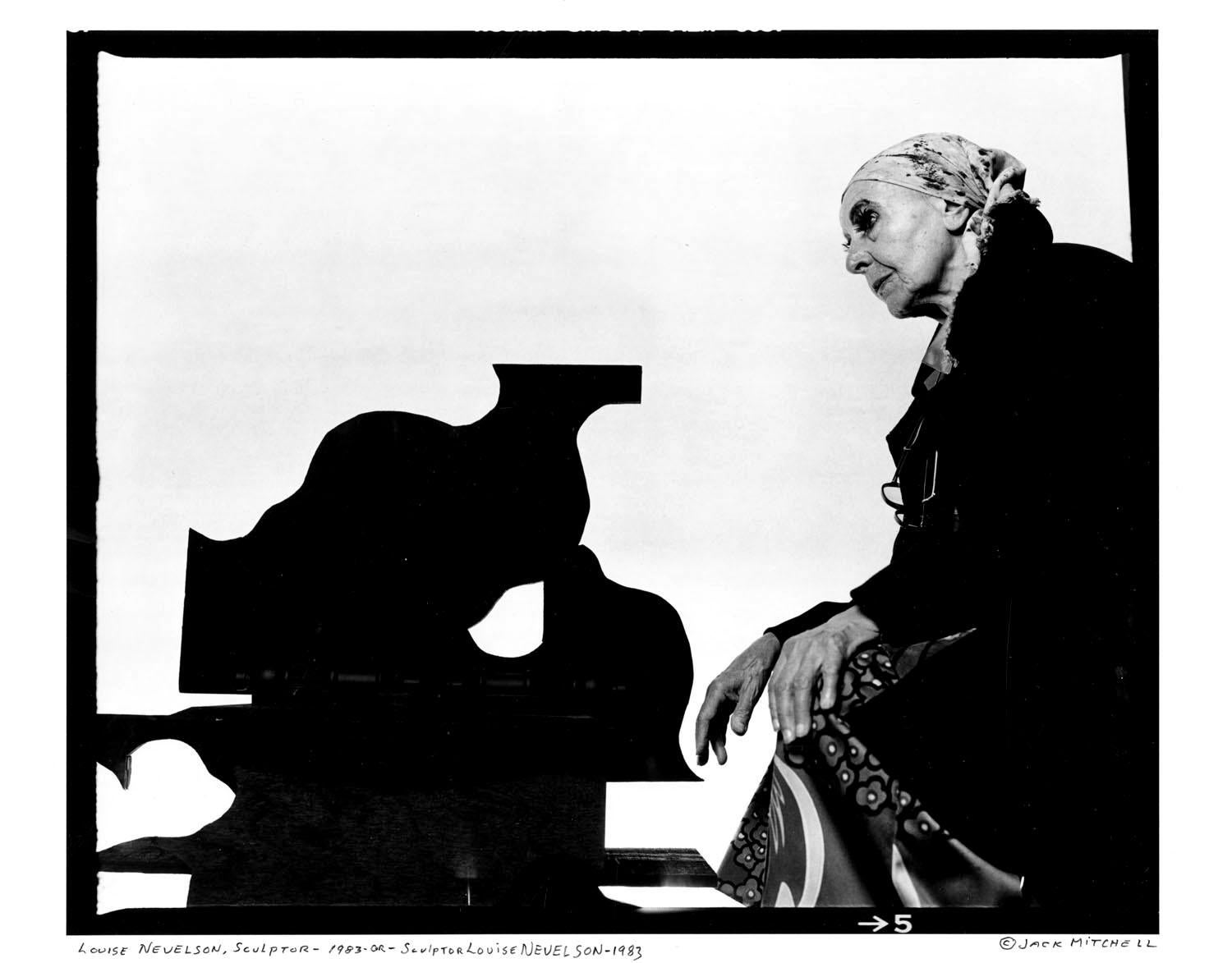 Jack Mitchell Black and White Photograph - Sculptor Louise Nevelson in her NYC studio