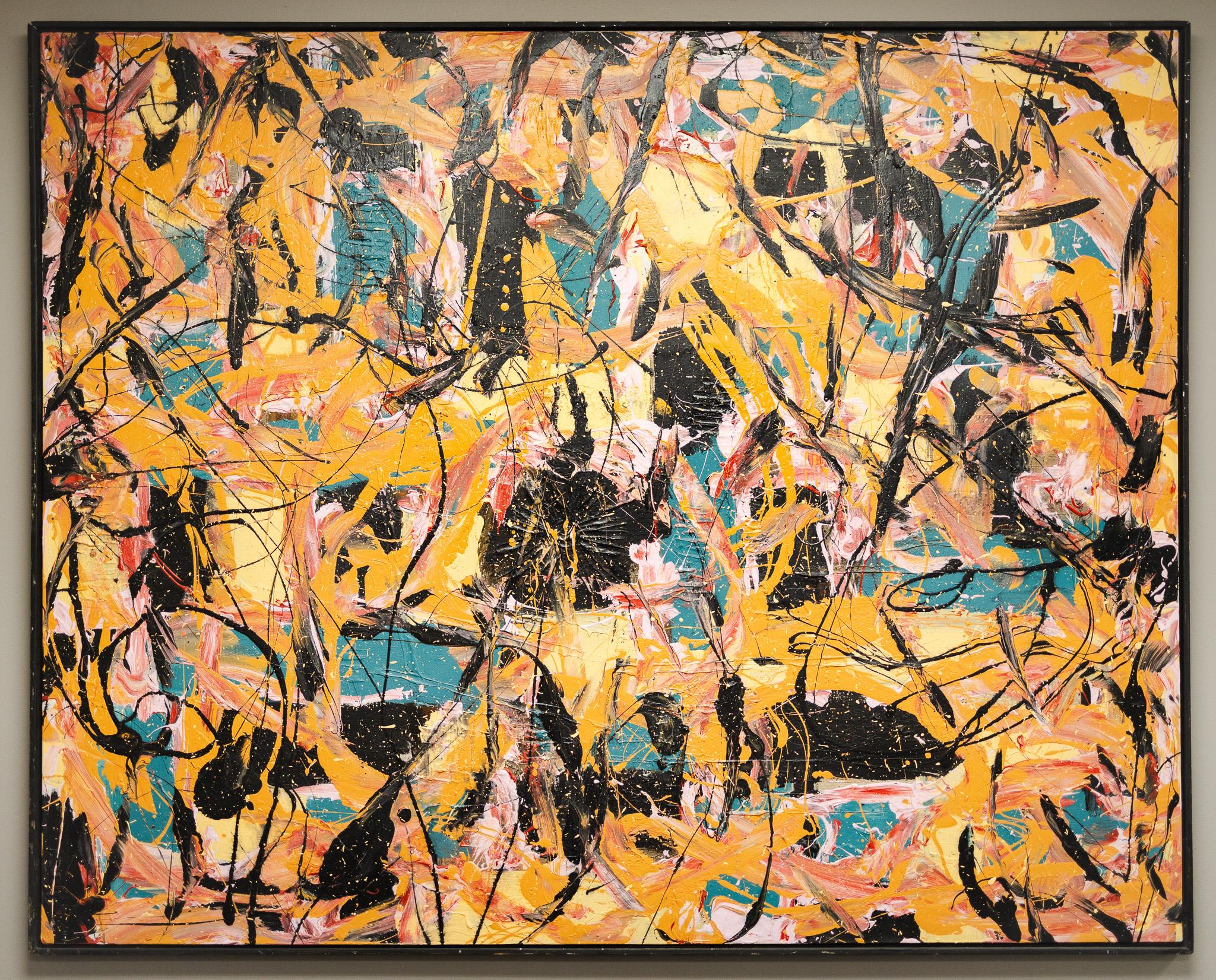 Abstrakt in Schwarz, Gelb, Orange, Rosa und Teal – Painting von Jack Nichols