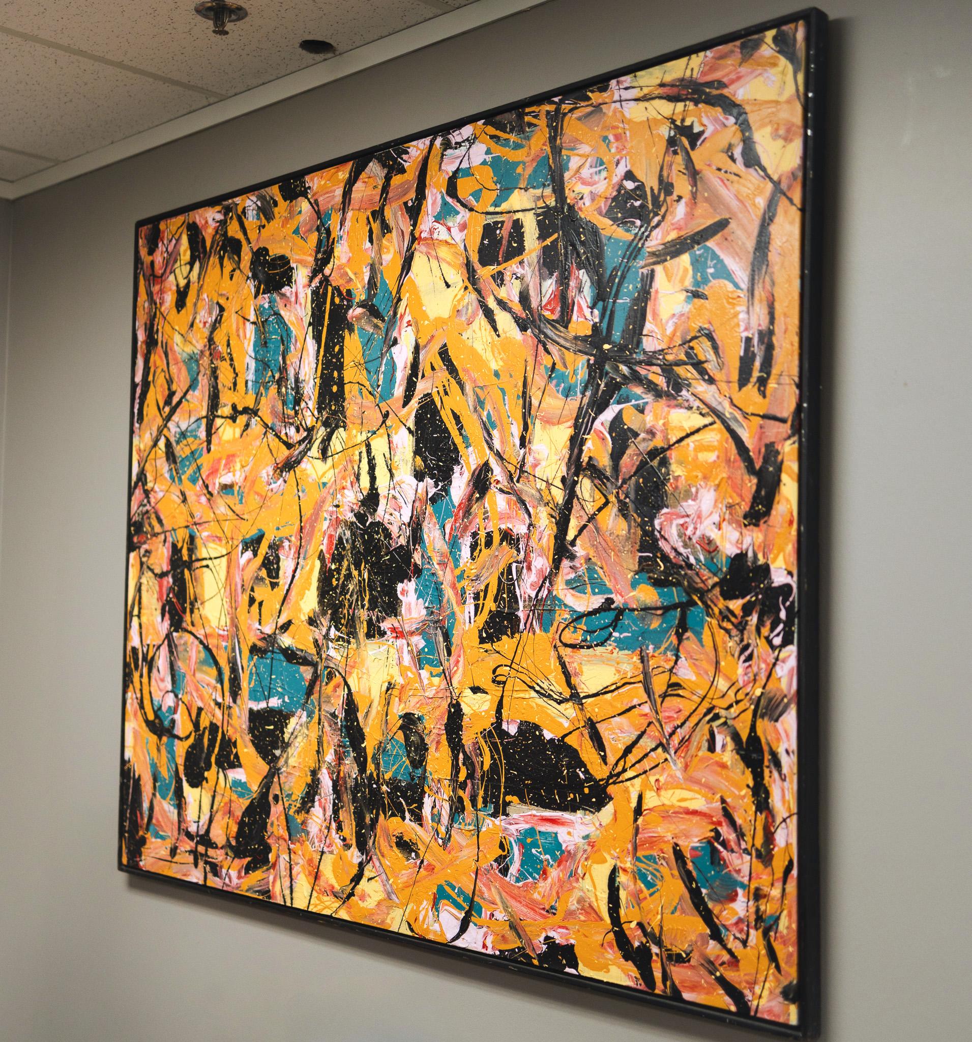 Abstrakt in Schwarz, Gelb, Orange, Rosa und Teal (Abstrakter Expressionismus), Painting, von Jack Nichols