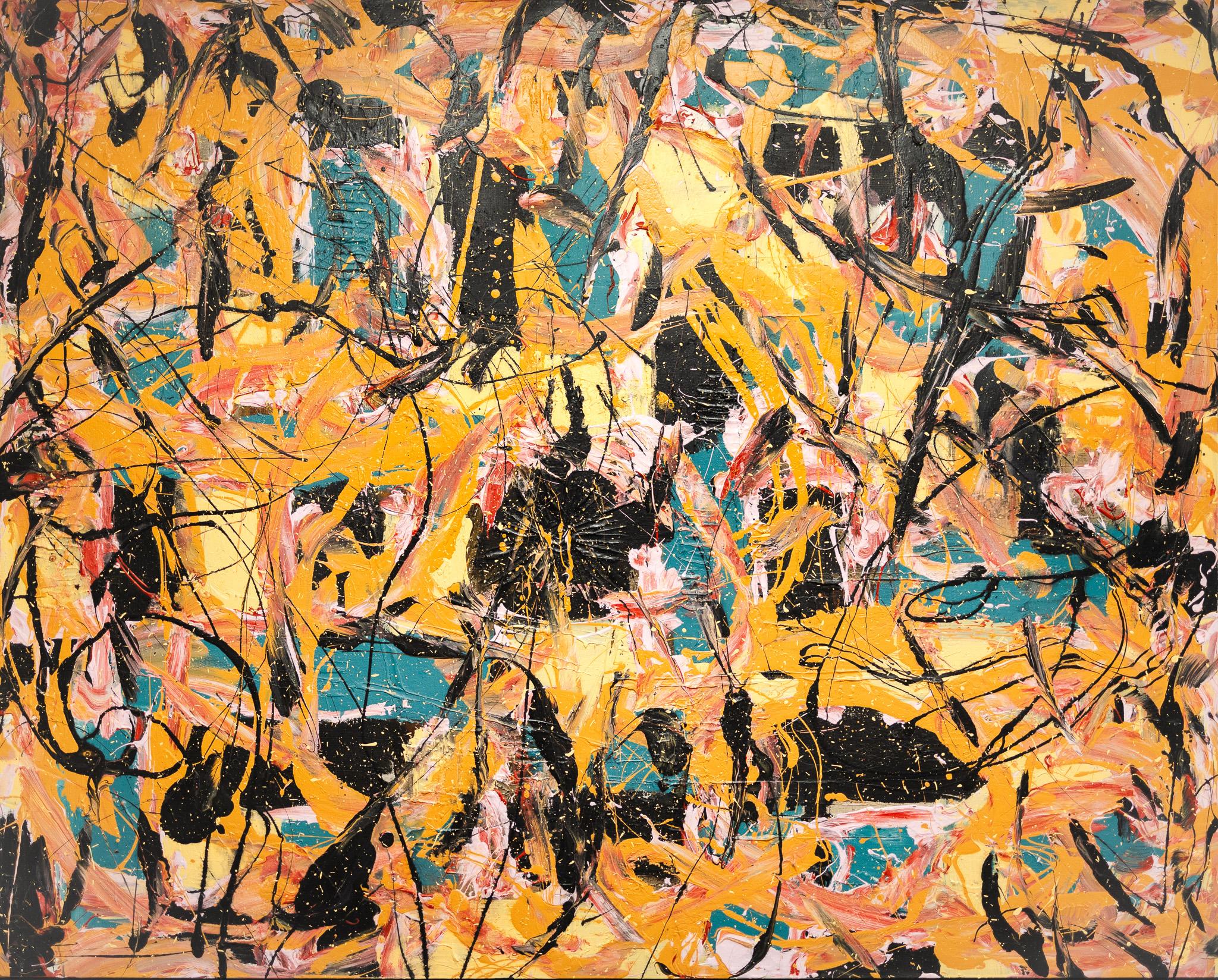 Jack Nichols Abstract Painting – Abstrakt in Schwarz, Gelb, Orange, Rosa und Teal