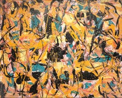 Astratto in nero, giallo, arancione, rosa e verde acqua.