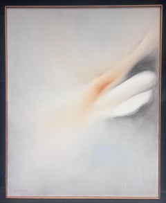 Huge French Surrealist Oil Painting Calm Orange and Grey Colors 20th Century
