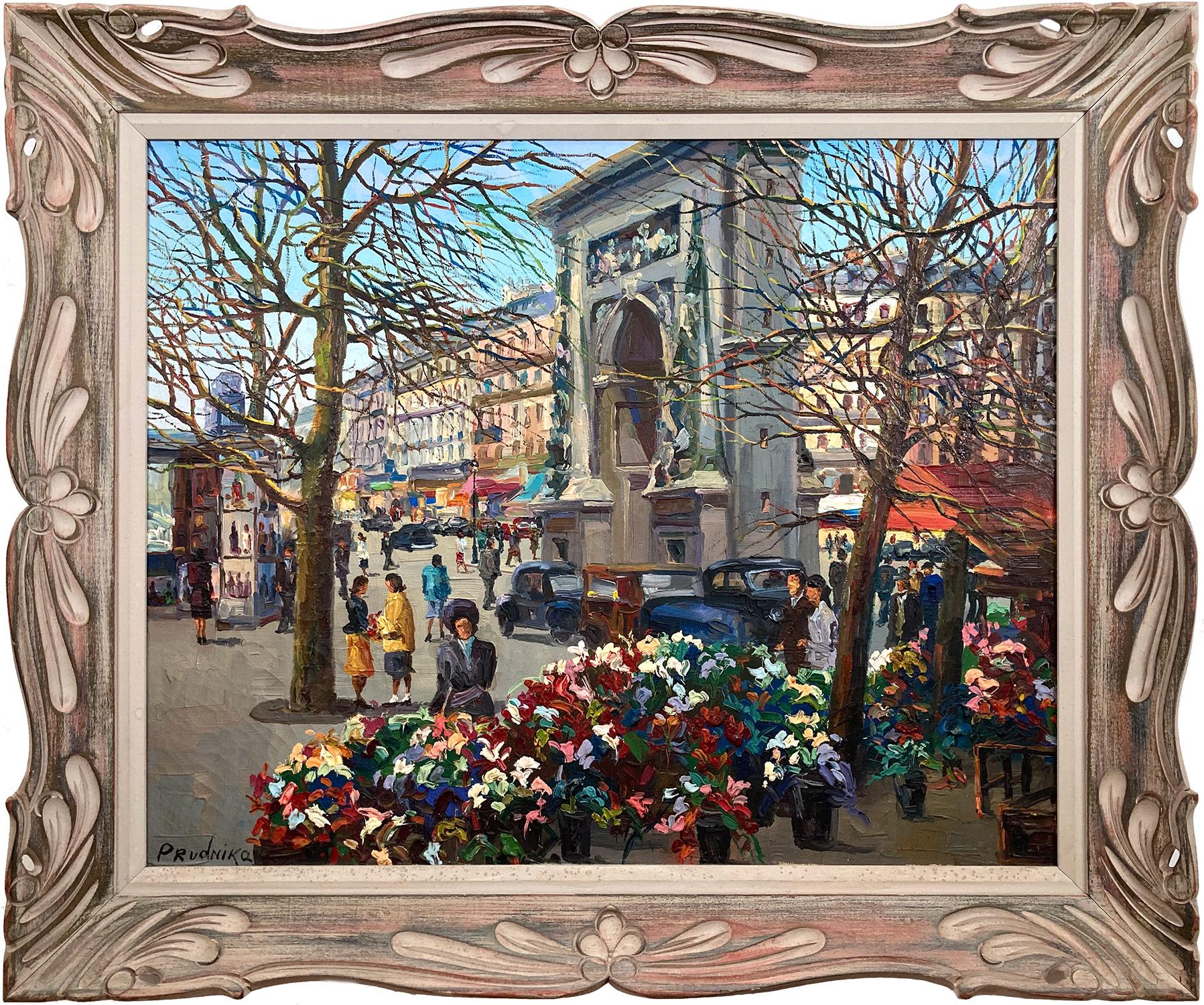 Jack Prudnik Landscape Painting - "Parisian Street Scene by Porte Saint-Denis" Impressionist Oil Painting Canvas