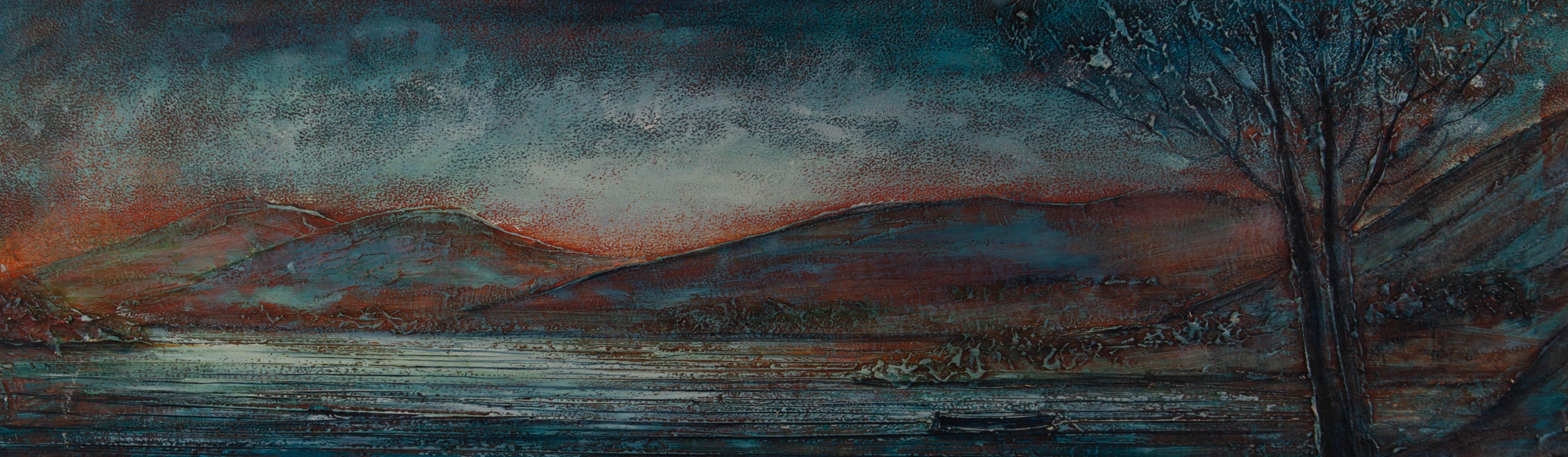 An expressive landscape with impasto in shades of blue and red. Presented in a white painted wooden frame with a linen slip. Signed to the lower-right edge. On board.
