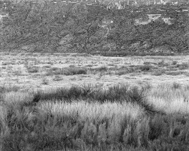 River Bottom Near Santa Elena, Big Bend by Jack Ridley is a black and white archival pigment print. The image size is 16 x 20 inches and the paper size is 20 x 24 inches. This photograph features a detailed grassy landscape with foothills in the