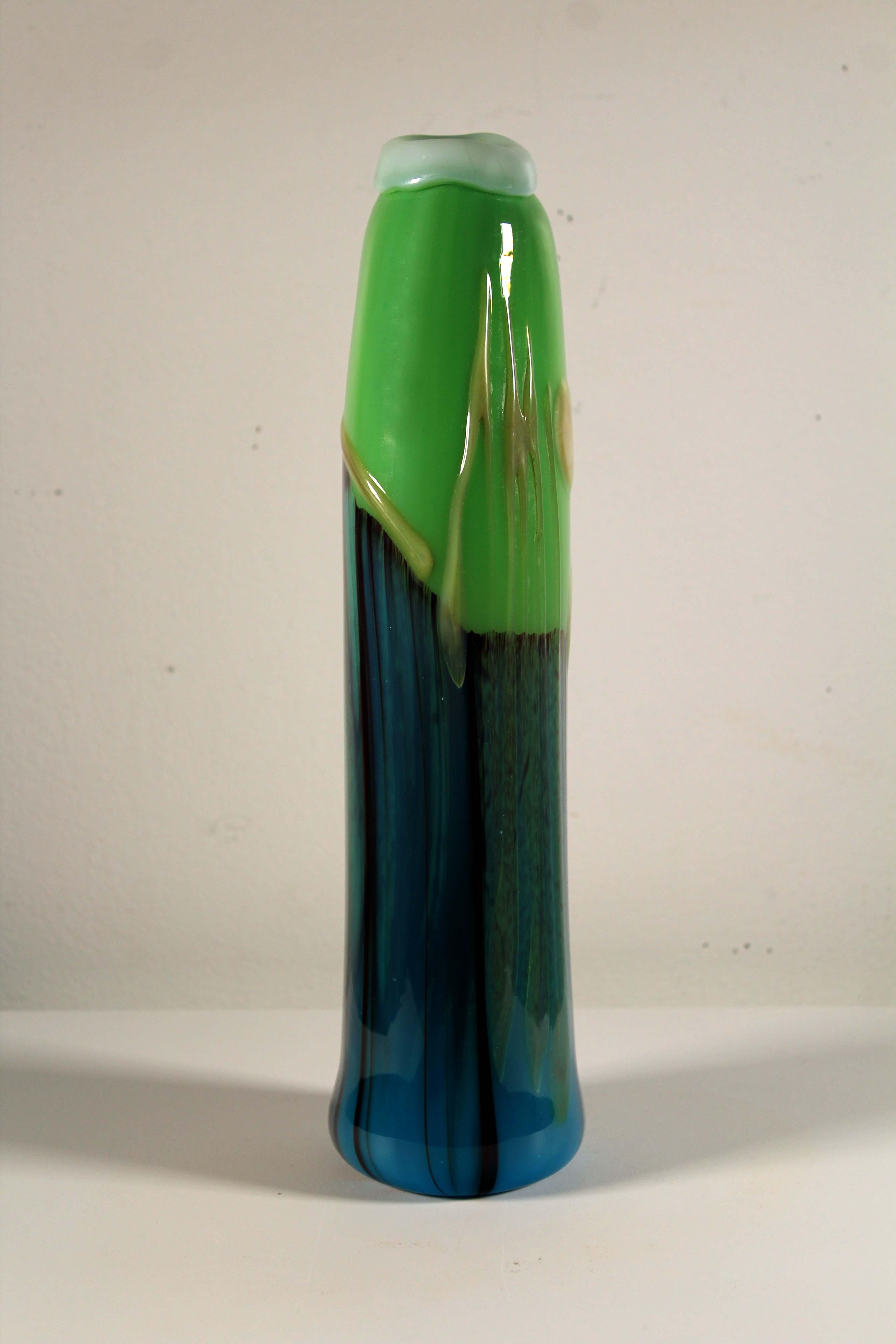 Jack Schmidt Postmodern Studio Handblown Glass Tall Green and Blue Vase, 1975 For Sale 5