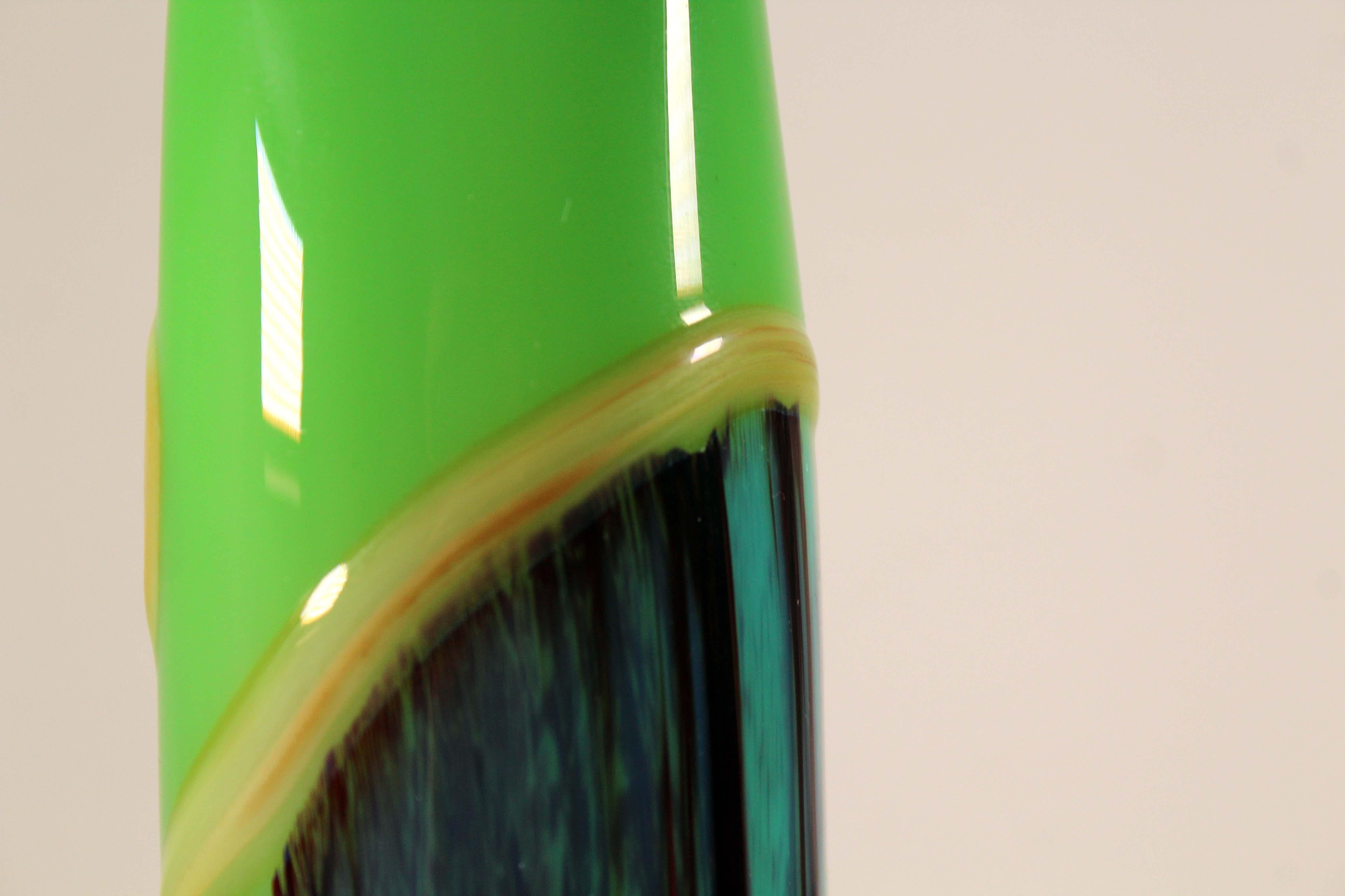 Late 20th Century Jack Schmidt Postmodern Studio Handblown Glass Tall Green and Blue Vase, 1975 For Sale