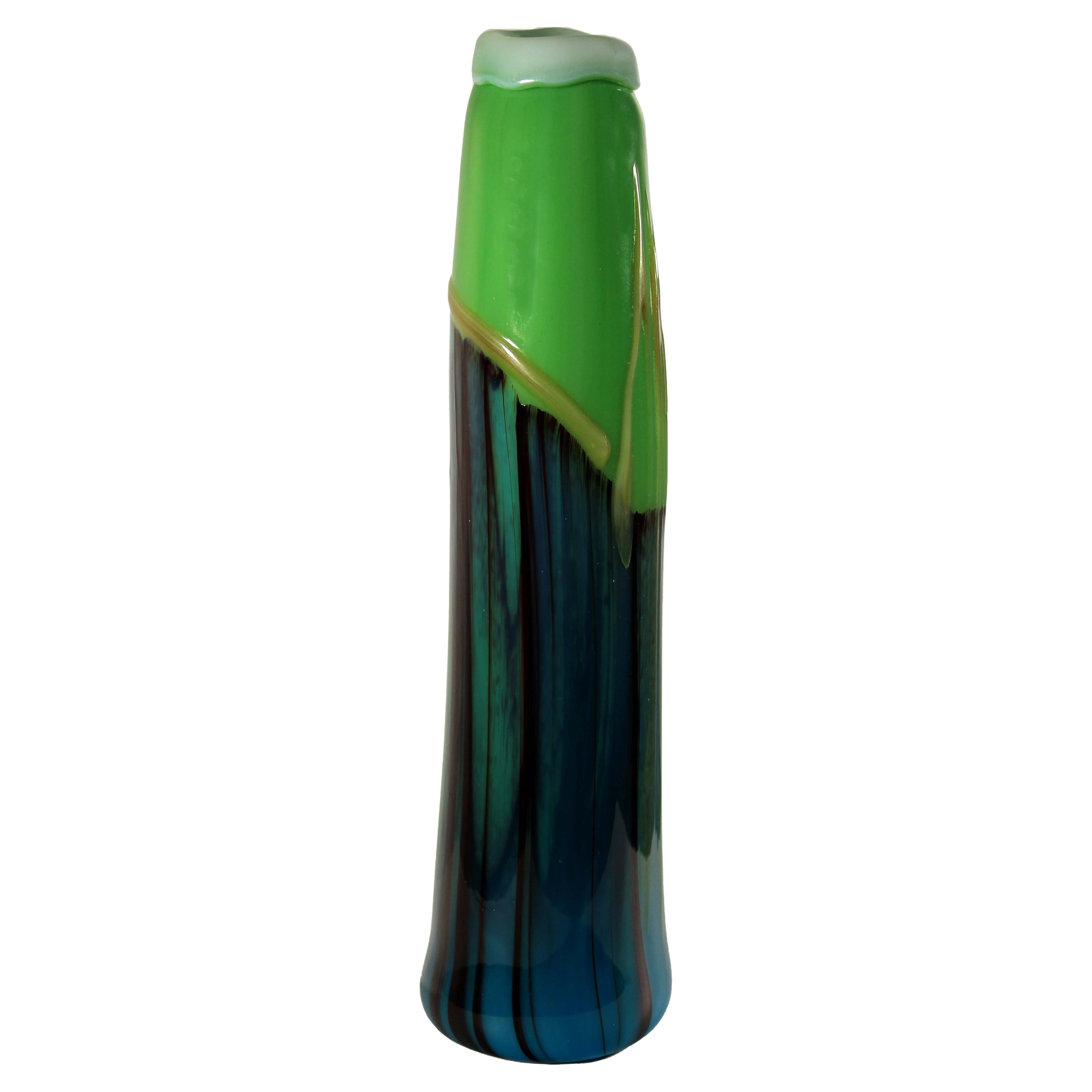 Jack Schmidt Postmodern Studio Handblown Glass Tall Green and Blue Vase, 1975 For Sale