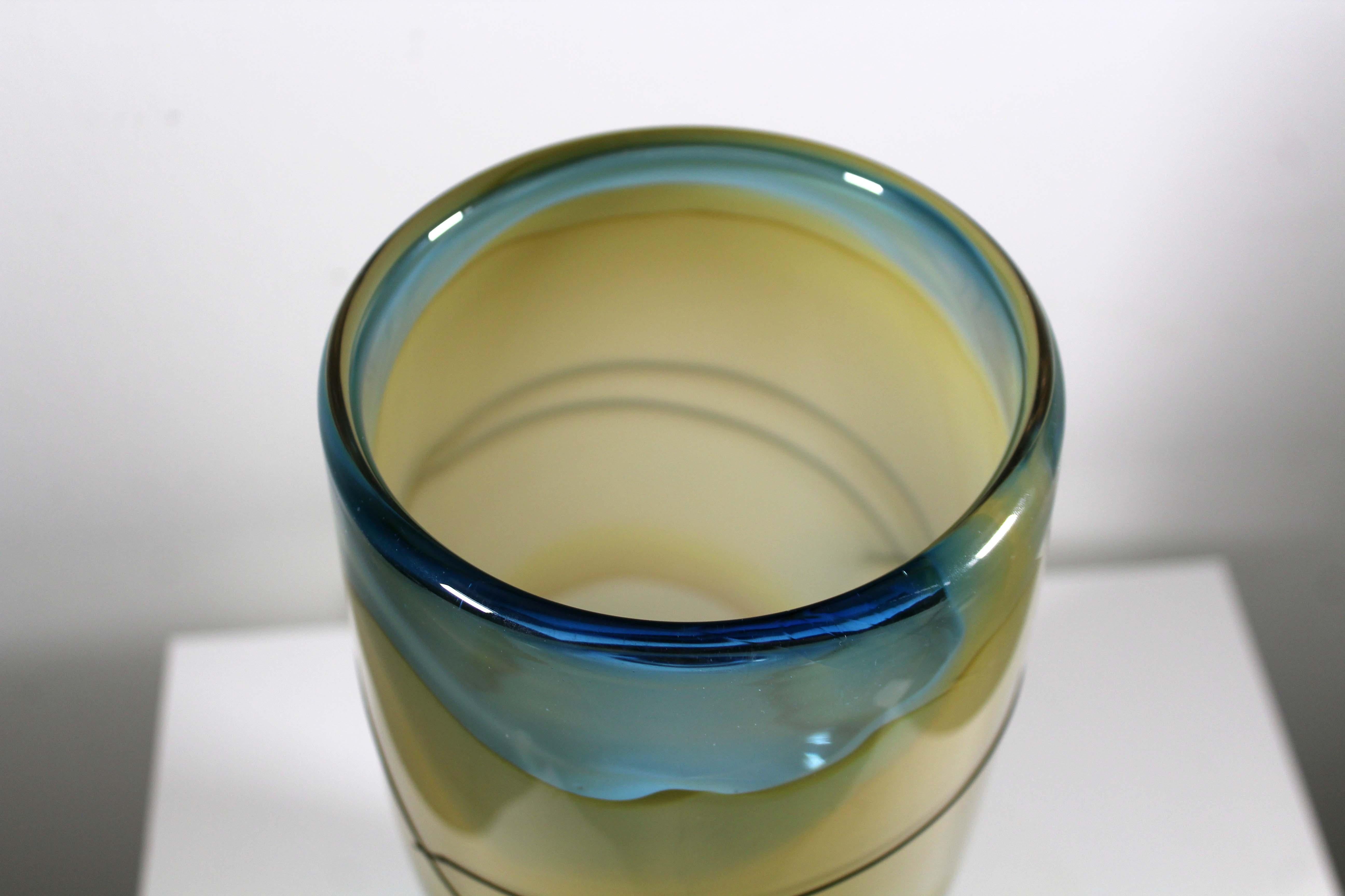 Jack Schmidt Postmodern Studio Handblown Glass Yellow and Blue Vase, 1986 For Sale 8
