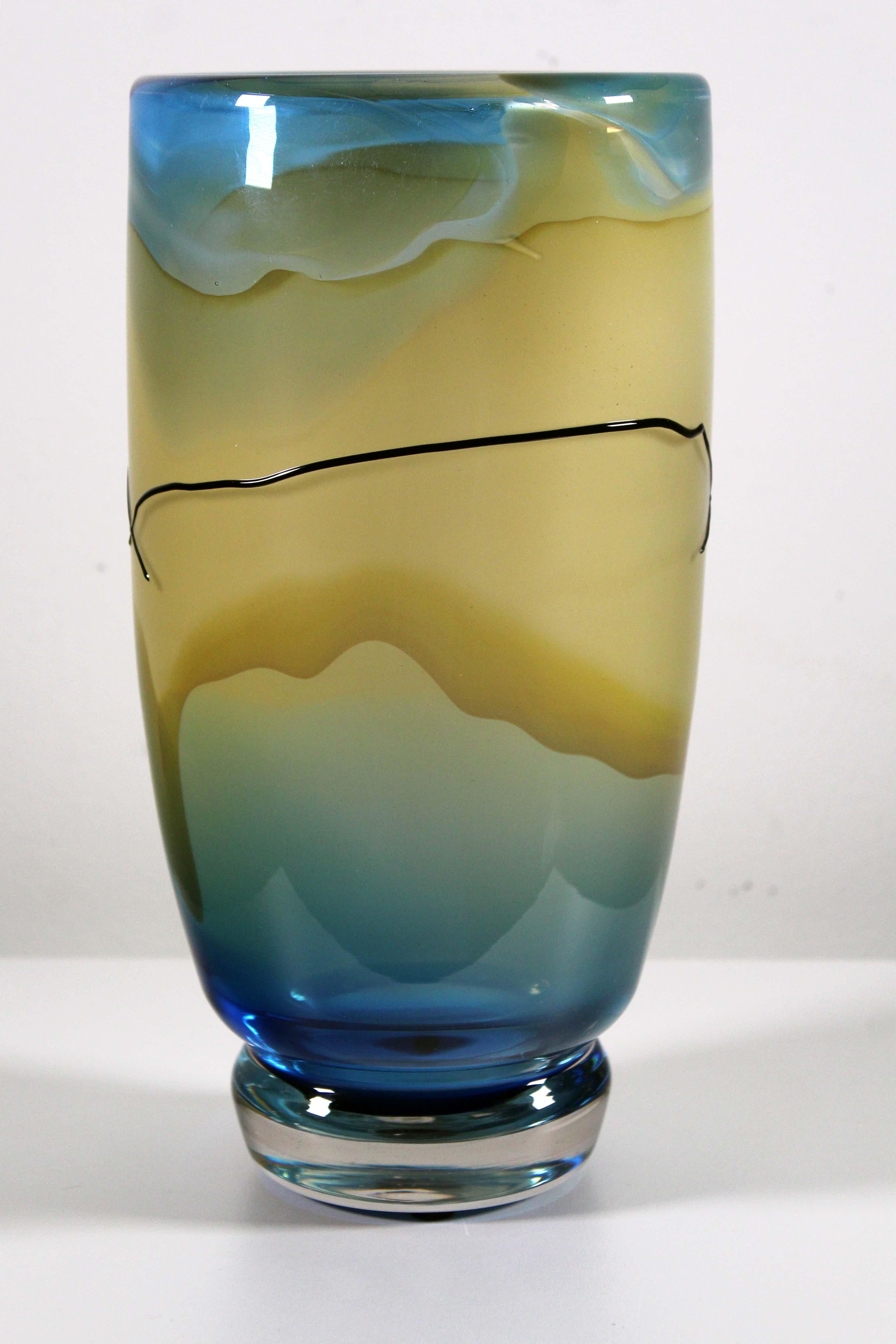 Late 20th Century Jack Schmidt Postmodern Studio Handblown Glass Yellow and Blue Vase, 1986 For Sale