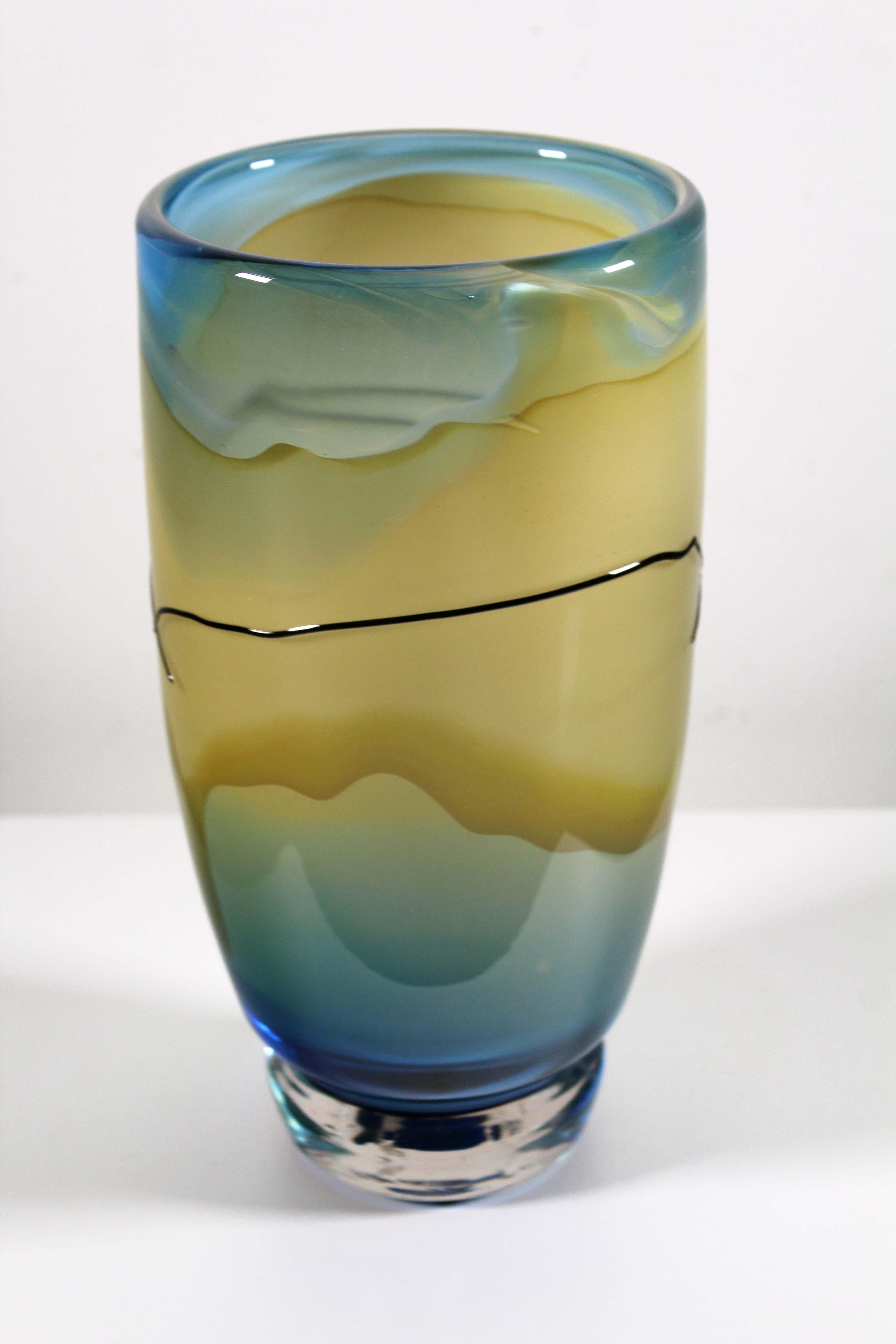 Blown Glass Jack Schmidt Postmodern Studio Handblown Glass Yellow and Blue Vase, 1986 For Sale