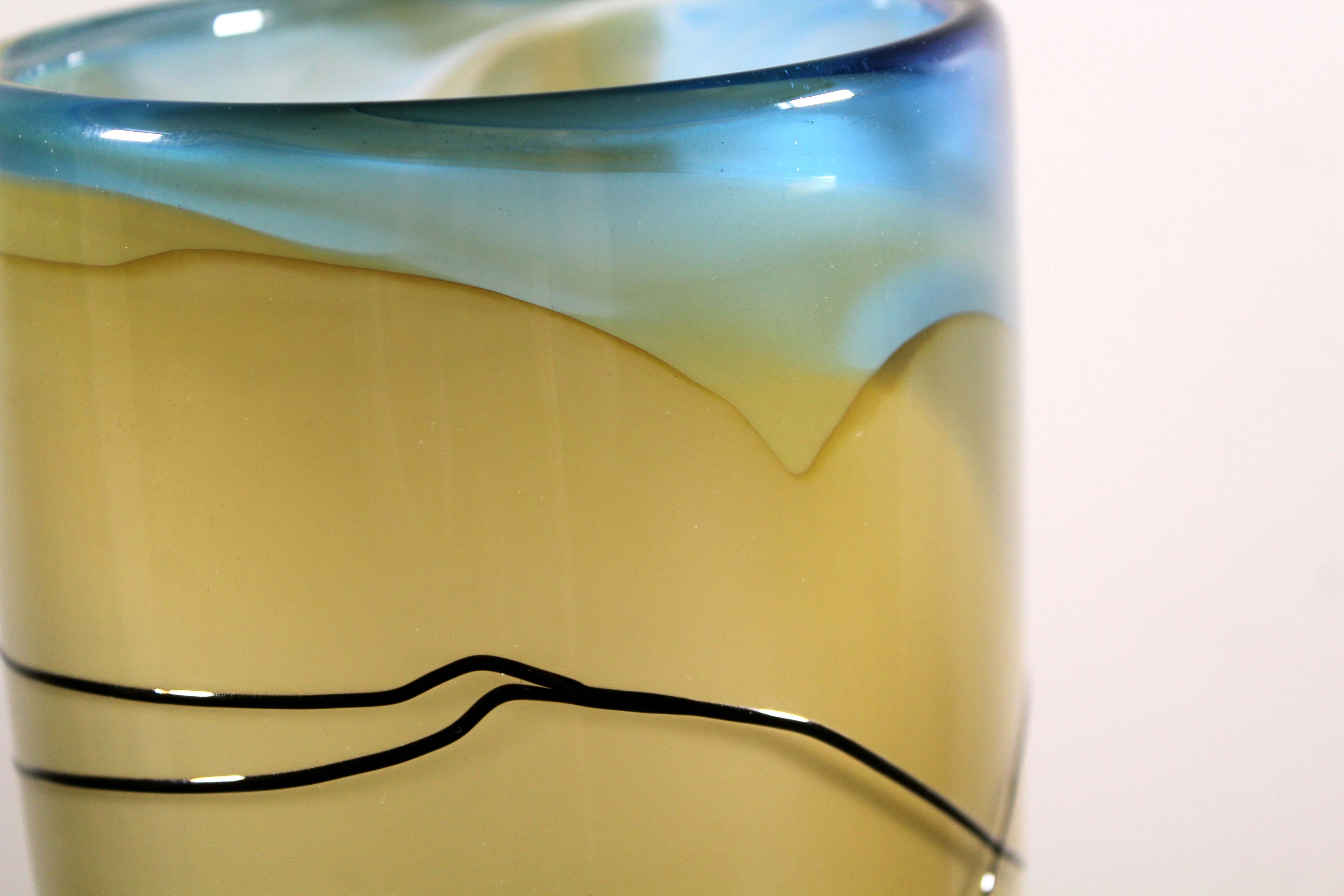 Jack Schmidt Postmodern Studio Handblown Glass Yellow and Blue Vase, 1986 For Sale 4