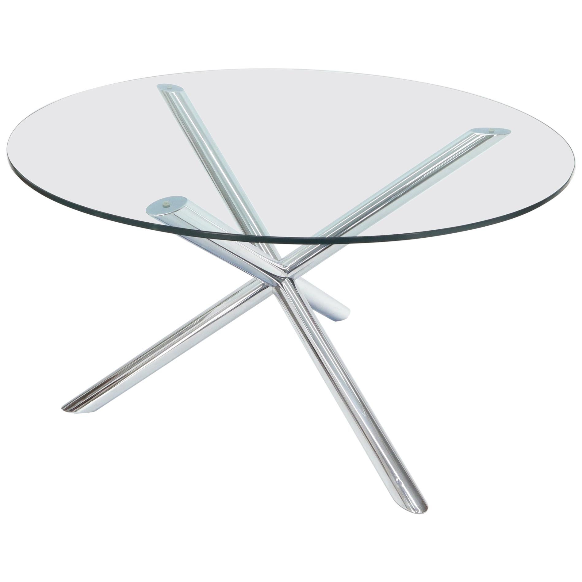 Jack Shape Large Polished Chrome Round Glass Top Dining Table