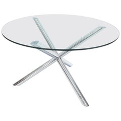 Grande table de salle à manger en forme de Jack avec plateau rond en verre chromé poli