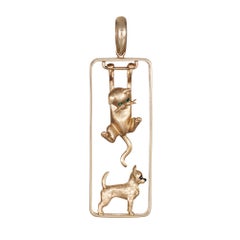 Jack Slack Animal Pendant Hanging Cat Dog 14k Yellow Gold Fine Estate Jewelry