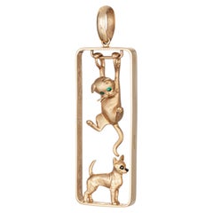 Jack Slack Animal Pendant Hanging Cat Dog 14k Yellow Gold Fine Estate Jewelry