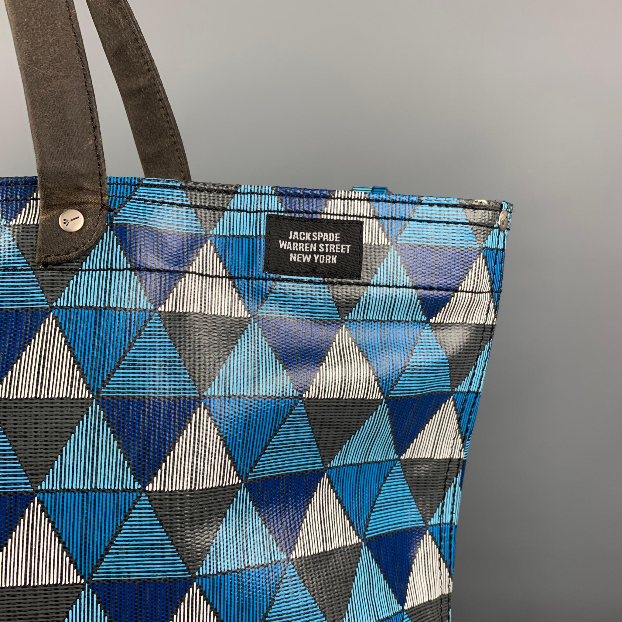 JACK SPADE bag comes in a blue & charcoal triangle print acetate featuring a tote style, detachable strap, inner pockets, and top handles. 

Good Pre-Owned Condition. Minor discoloration.

Measurements:

Length: 15.5 in.
Width: 6.25 in.
Height: 13.5