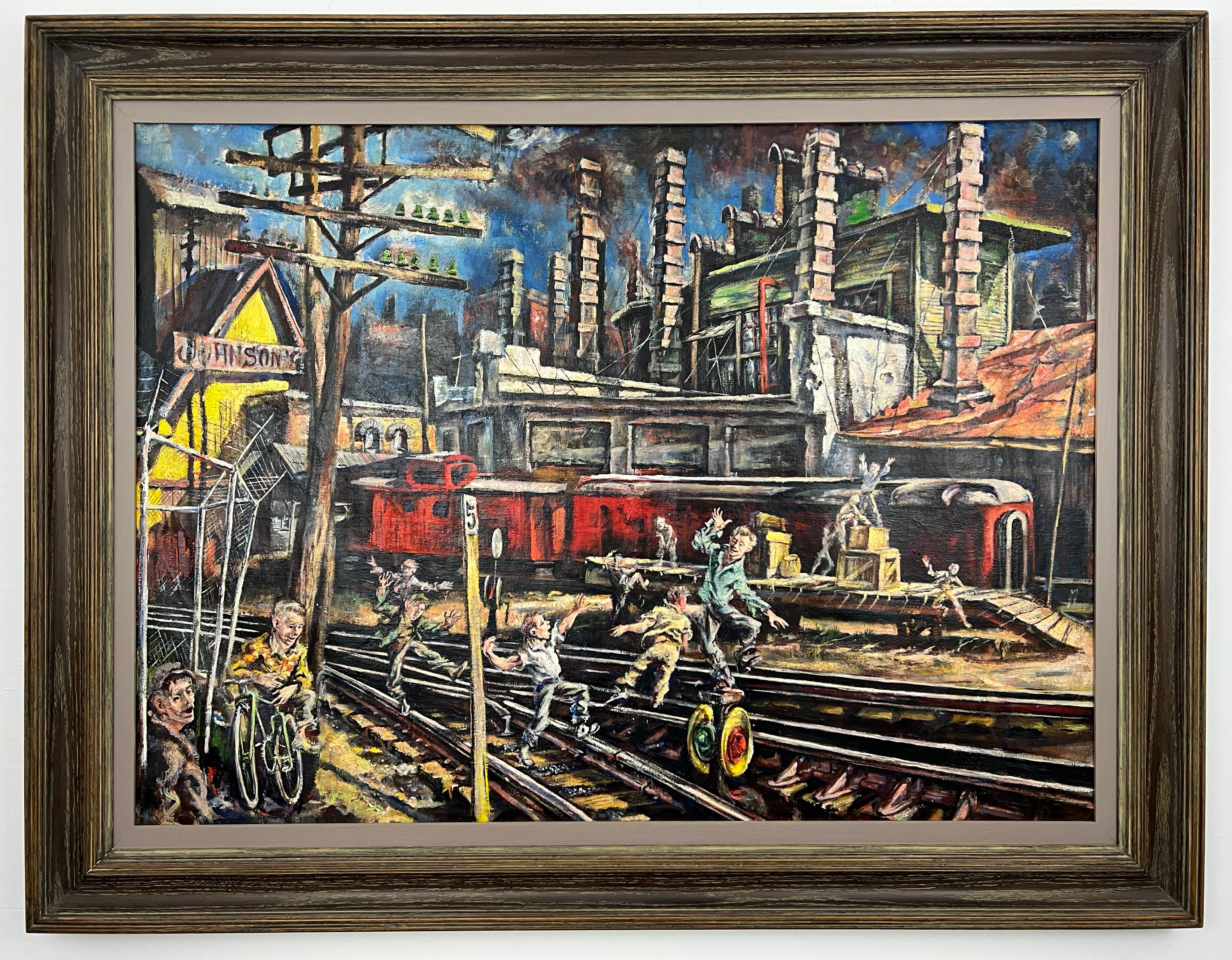 Londra Round House-Scena industriale americana di metà secolo Pittura ad olio - Painting di Jack Steele