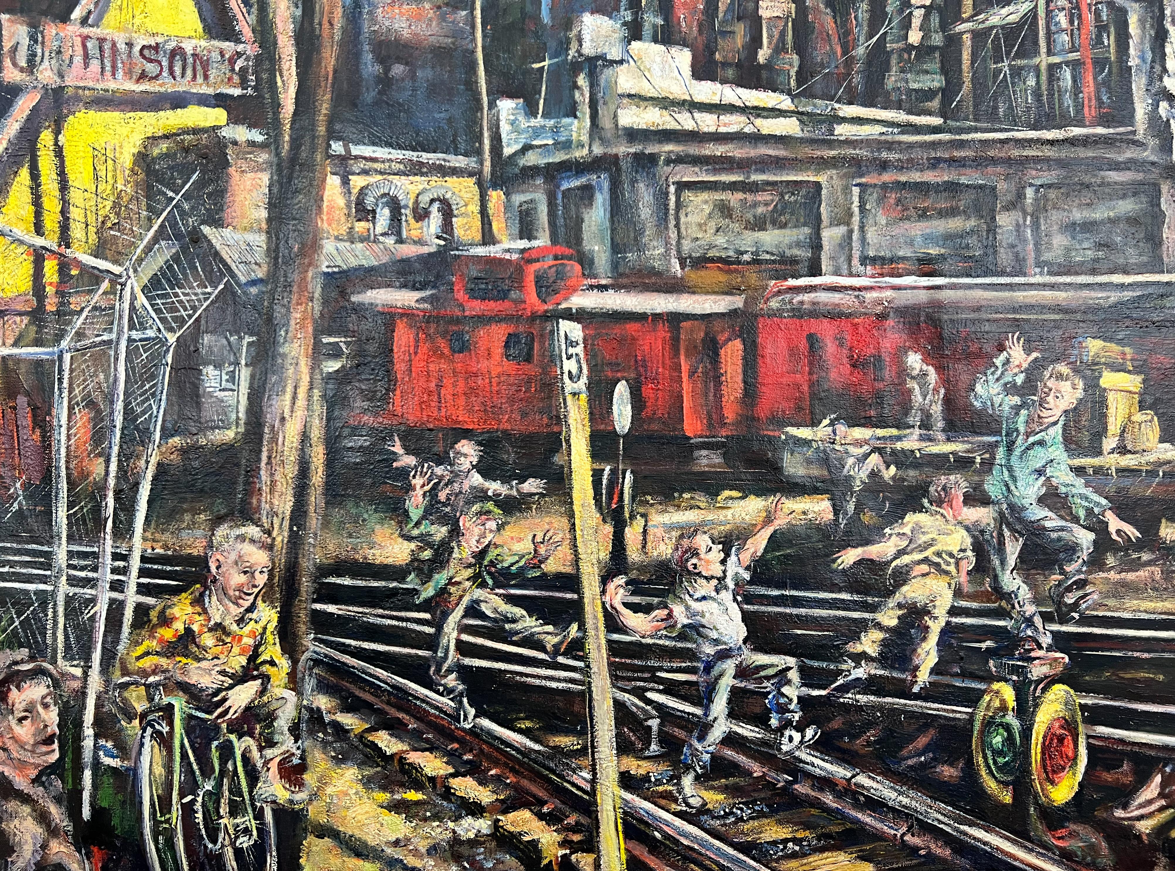 Londra Round House-Scena industriale americana di metà secolo Pittura ad olio - Figurative Painting Nero di Jack Steele