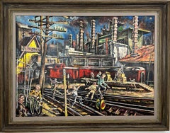 Londra Round House-Scena industriale americana di metà secolo Pittura ad olio