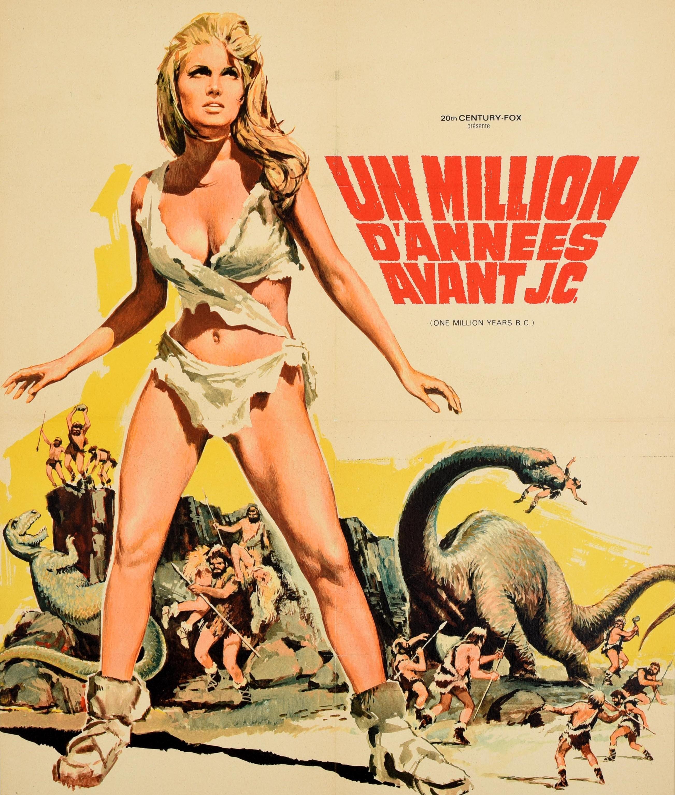Originales Vintage-Filmplakat für den französischen Kinostart des Fantasy-Abenteuerfilms One Million Years B.C. / Un Million D'Annees Avant J.C., der in einer prähistorischen Welt mit Höhlenmenschen und Dinosauriern spielt, unter der Regie von Don