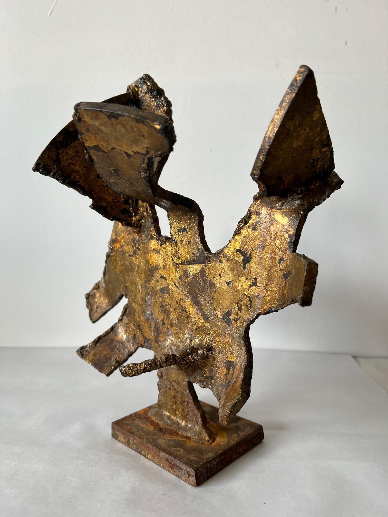 A really wonderful torch cut, brutalist sculpture by Jack Van Deckter, ca' 1960's. Patinated wrought iron-heavy. Abstract but with a figurative feel. Jack Van Deckter (American, 1917-1996) was a painter, sculptor, master engraver, author, NYU & Art