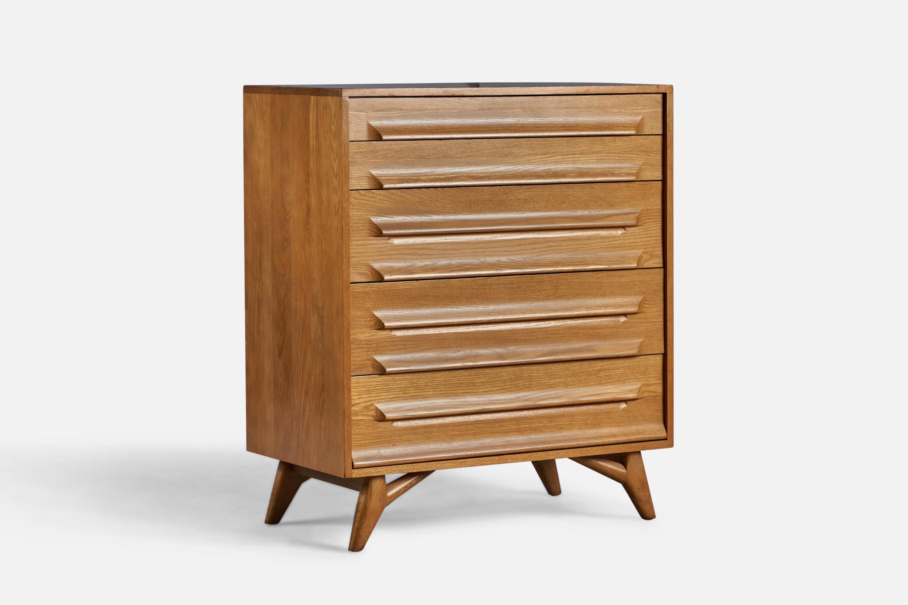 An oak chest of drawers designed by Jack Van Der Molen and produced by Jamestown Lounge Co, USA, 1950s.