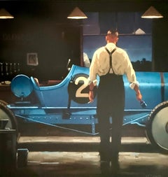 Geburt eines Traums' Blauer Rennwagen und Figur, Portland Gallery London Kunstplakat