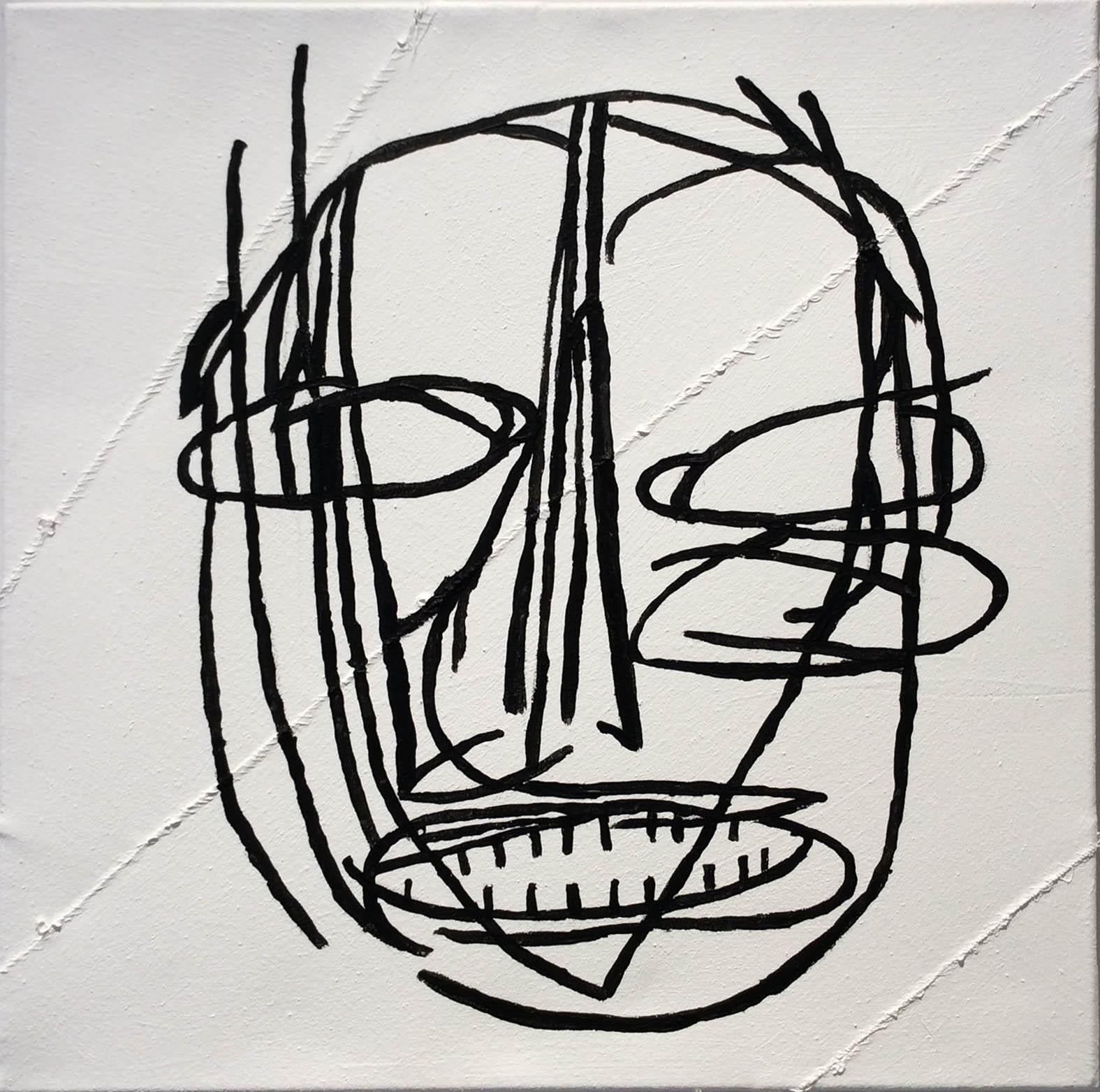 Jack Walls Abstract Painting - Claude (Basquiat Style Black & White Primitive Portrait on Stitched Canvas)
