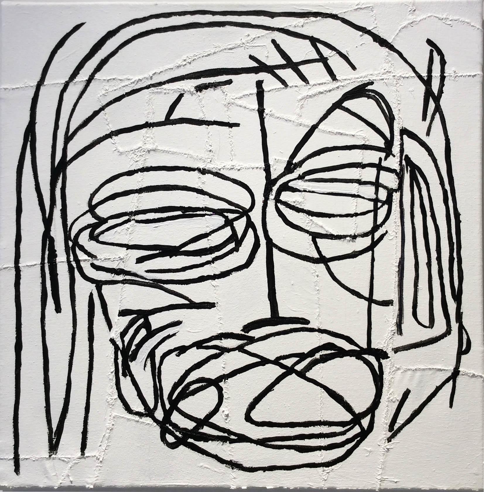 Jack Walls Abstract Painting - Cochise (Basquiat Style Black & White Contemporary Portrait on Stitched Canvas)