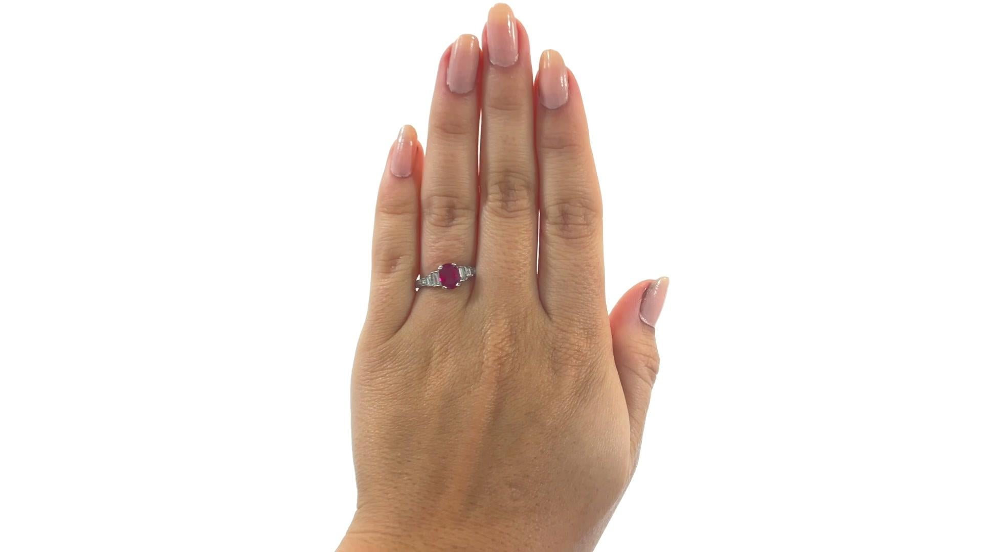 Jack Weir & Sons 1.16 Carat GIA Burma Ruby Diamond Platinum Engagement Ring. The main gem is a GIA certified 1.16 carat oval Burma ruby. Accented by 6 emerald cut diamonds & 4 round brilliant cut diamonds 0.30 carat total, H-I color, SI clarity. GIA