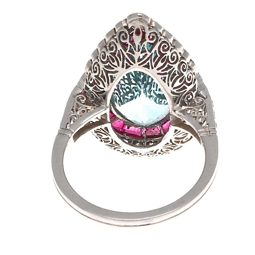 Jack Weir & Sons Art Deco Revival Aquamarine Ruby Diamond Platinum Ring In New Condition In Beverly Hills, CA