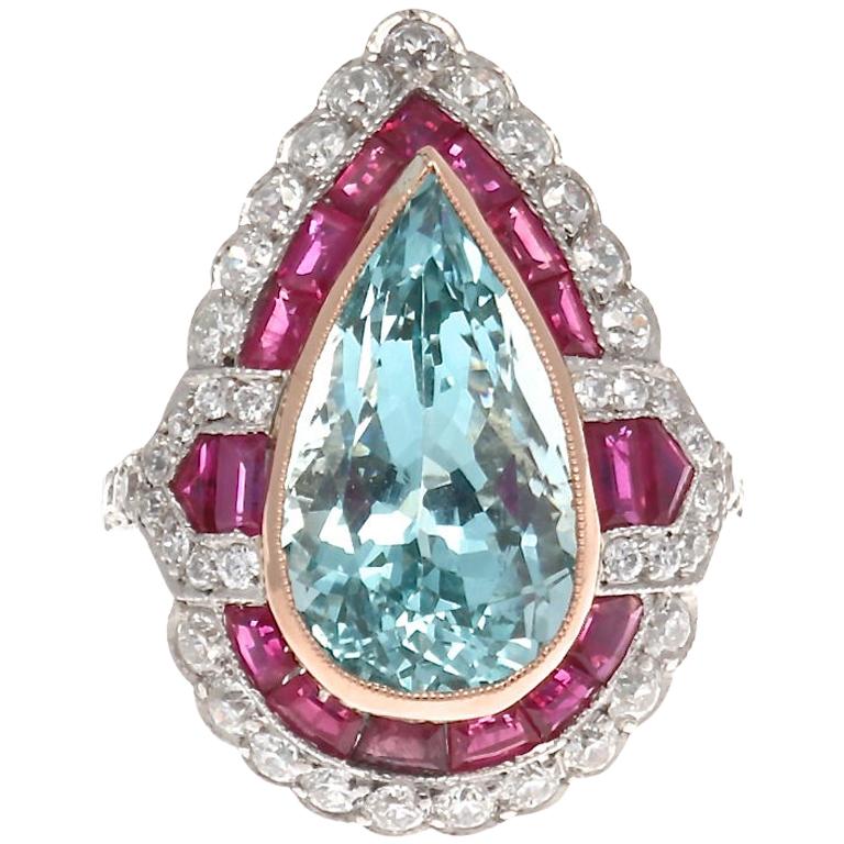 Jack Weir & Sons Art Deco Revival Aquamarine Ruby Diamond Platinum Ring