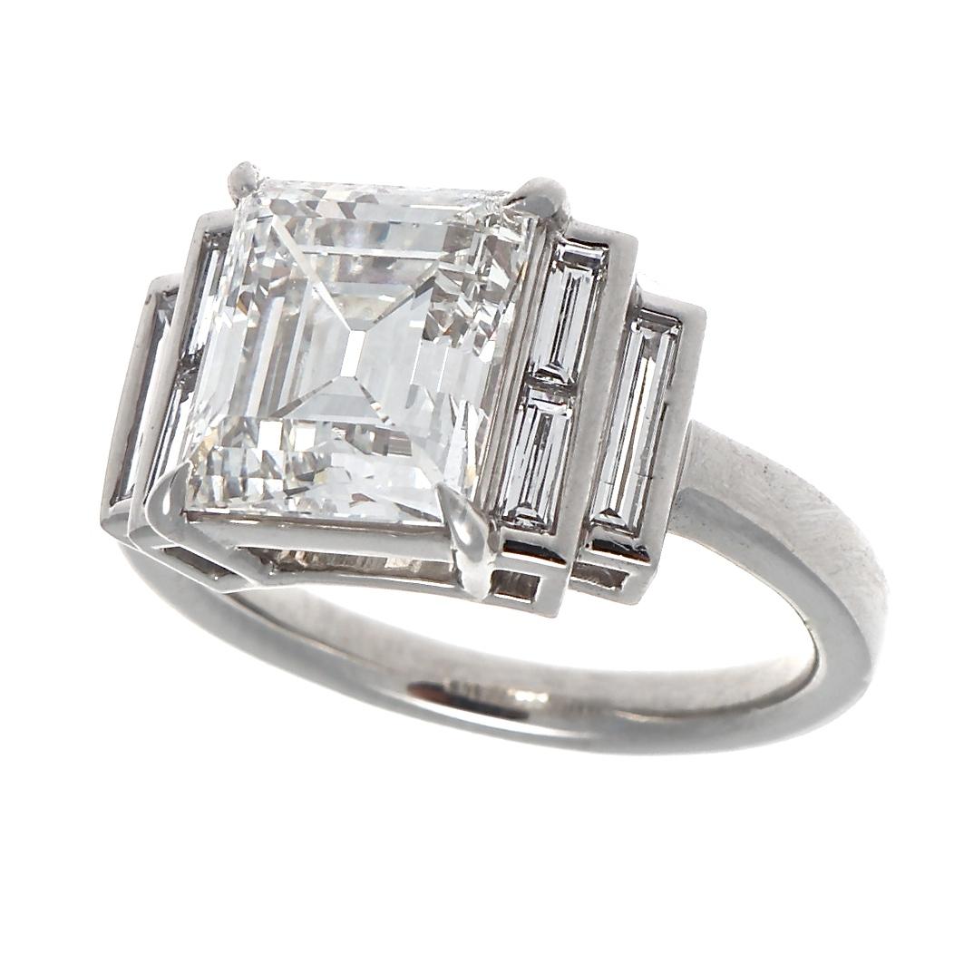 Designed to last a lifetime of love filled with late night intimate dinners, early mornings of languid memories and Sundays of doing nothing and having everything. Featuring a 3.30 carat carre cut diamond that is GIA certified as H color, VVS2