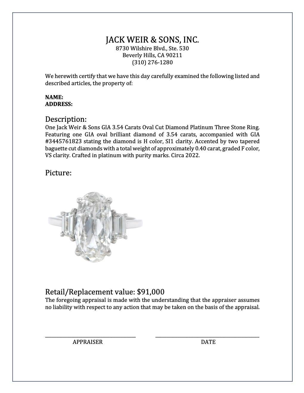 Jack Weir & Sons GIA 3.54 Carats Oval Cut Diamond Platinum Three Stone Ring 4