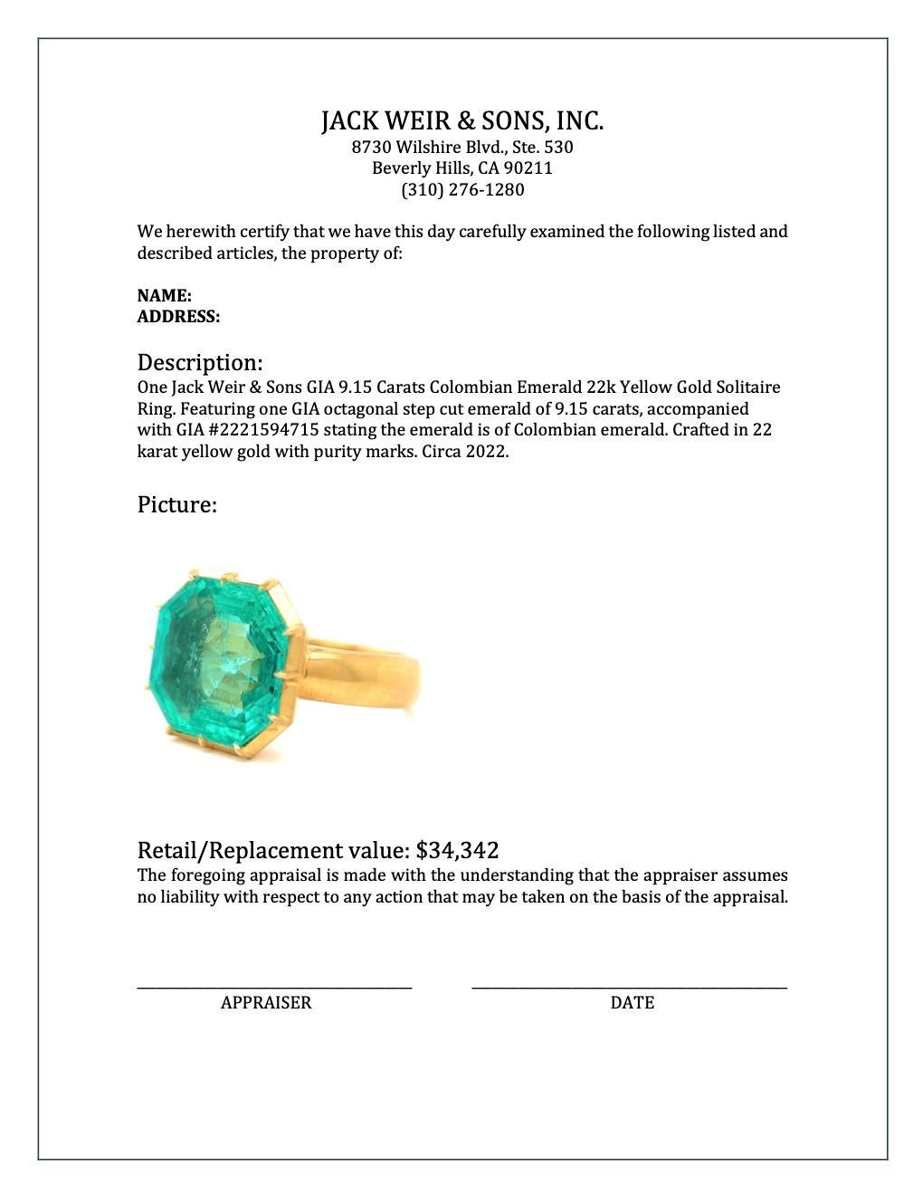 Women's or Men's Jack Weir & Sons GIA 9.15 Carat Colombian Emerald 22k Yellow Gold Solitaire Ring