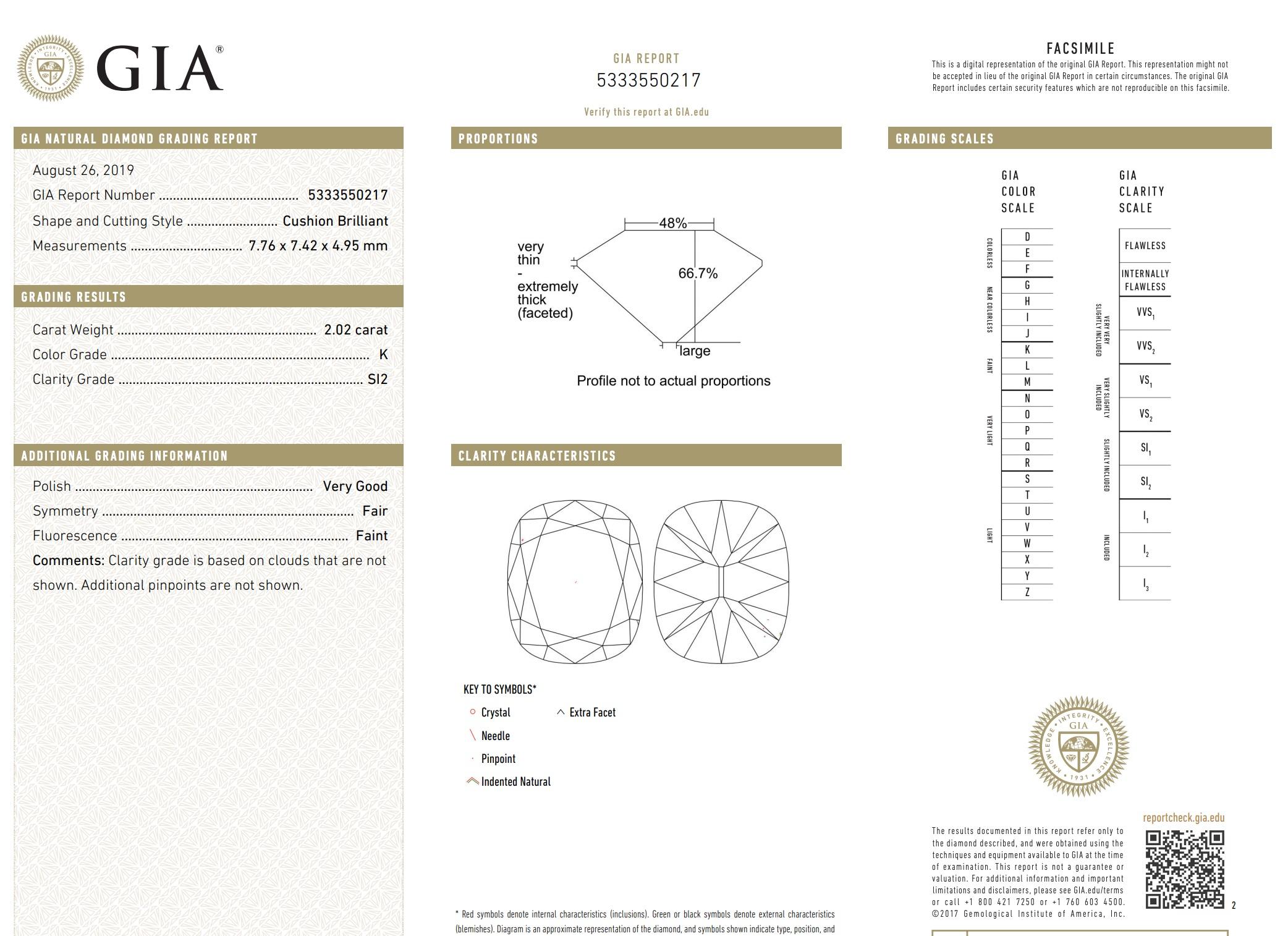 GIA Certified 2.02 Carat Cushion Cut Diamond 18 Karat Gold Ring 2