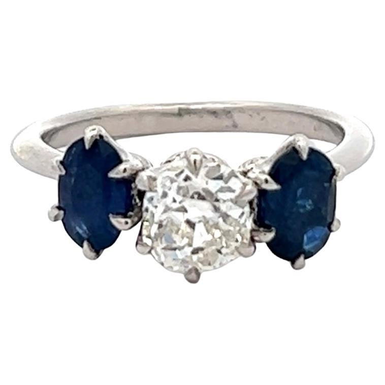 Jack Weir & Sons Old Mine Cut Diamond Sapphire Three Stone Ring