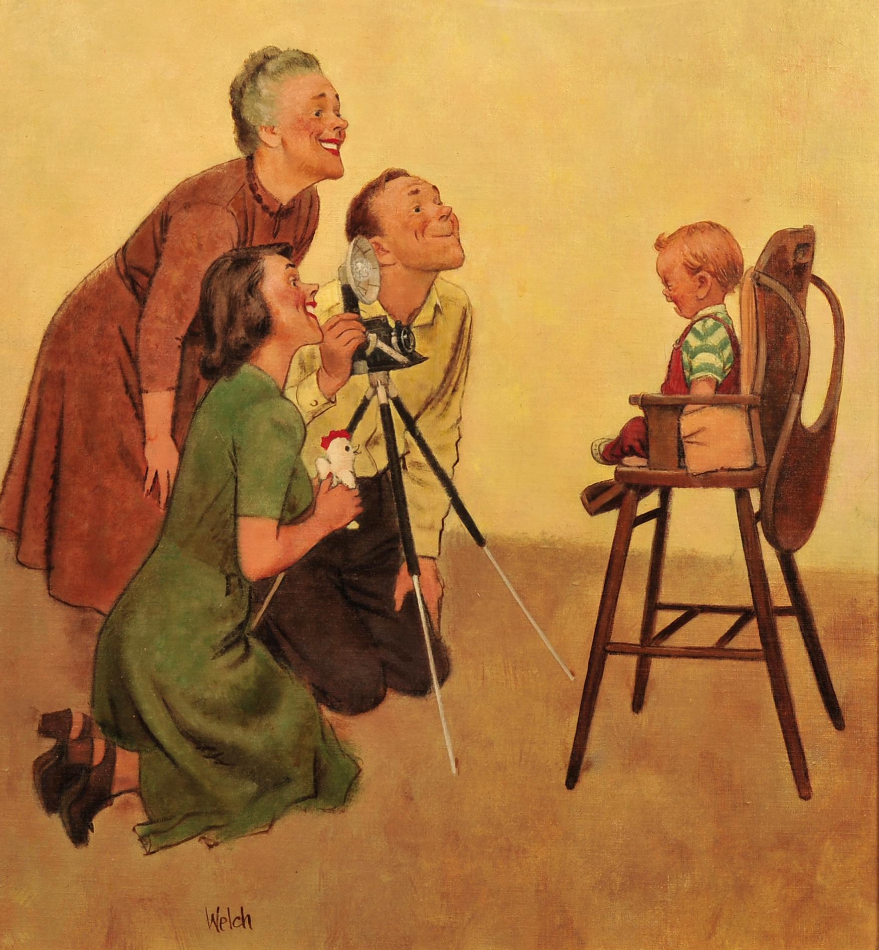 Trying To Make Baby Smile, Saturday Evening Post Cover - Painting by Jack Welch
