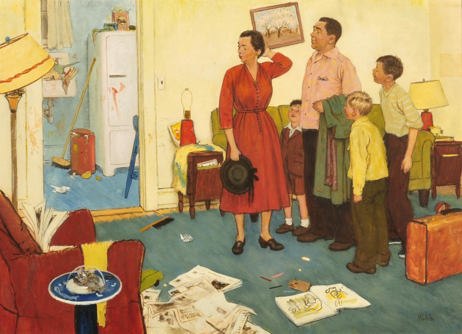 Woman Returns to an Untidy Home - Painting by Jack Welch