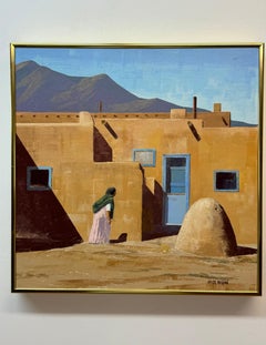 Vintage Southwestern scene, woman approaching Adobe