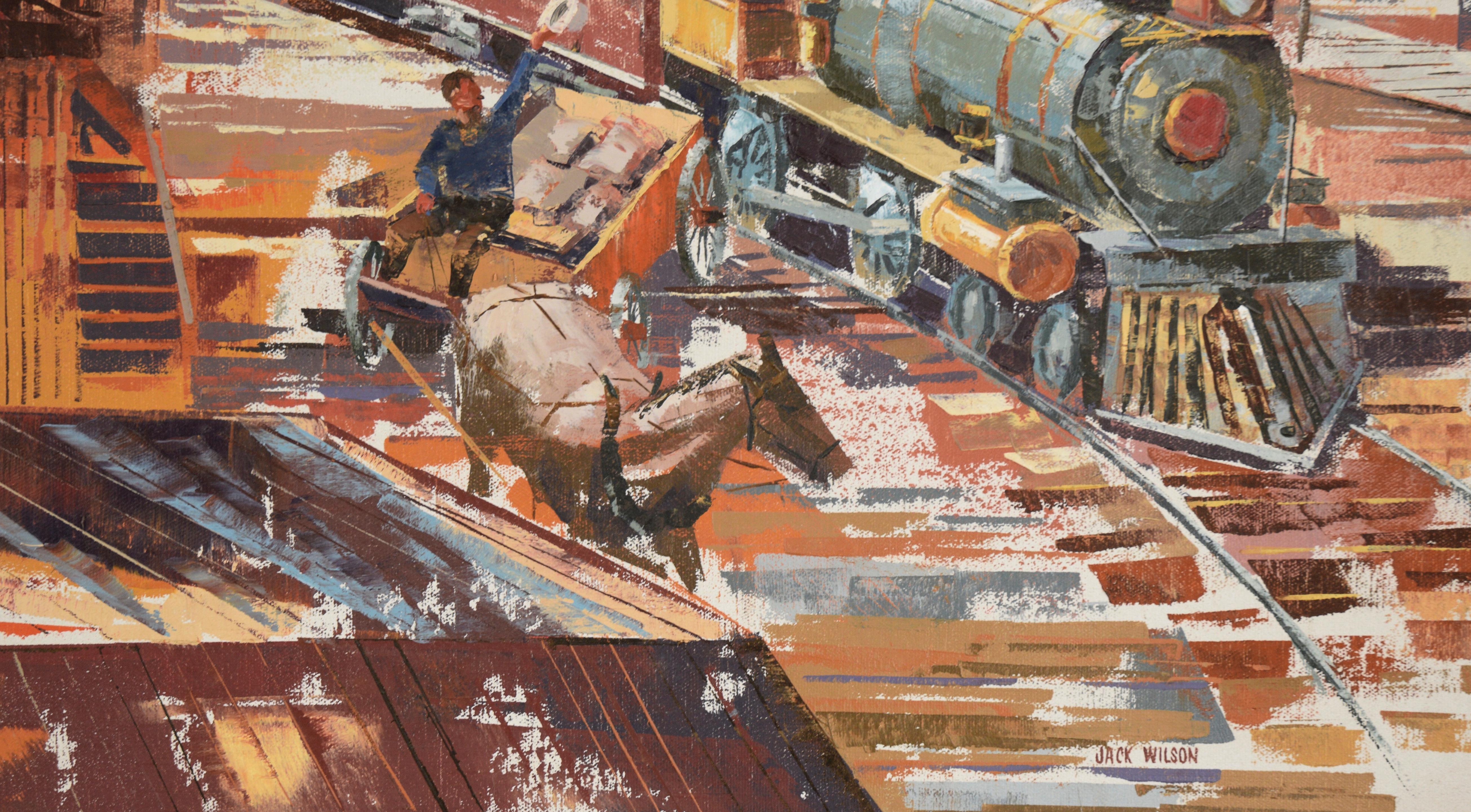 At the Train Station - Industrial Landscape - Brown Figurative Painting by Jack Wilson
