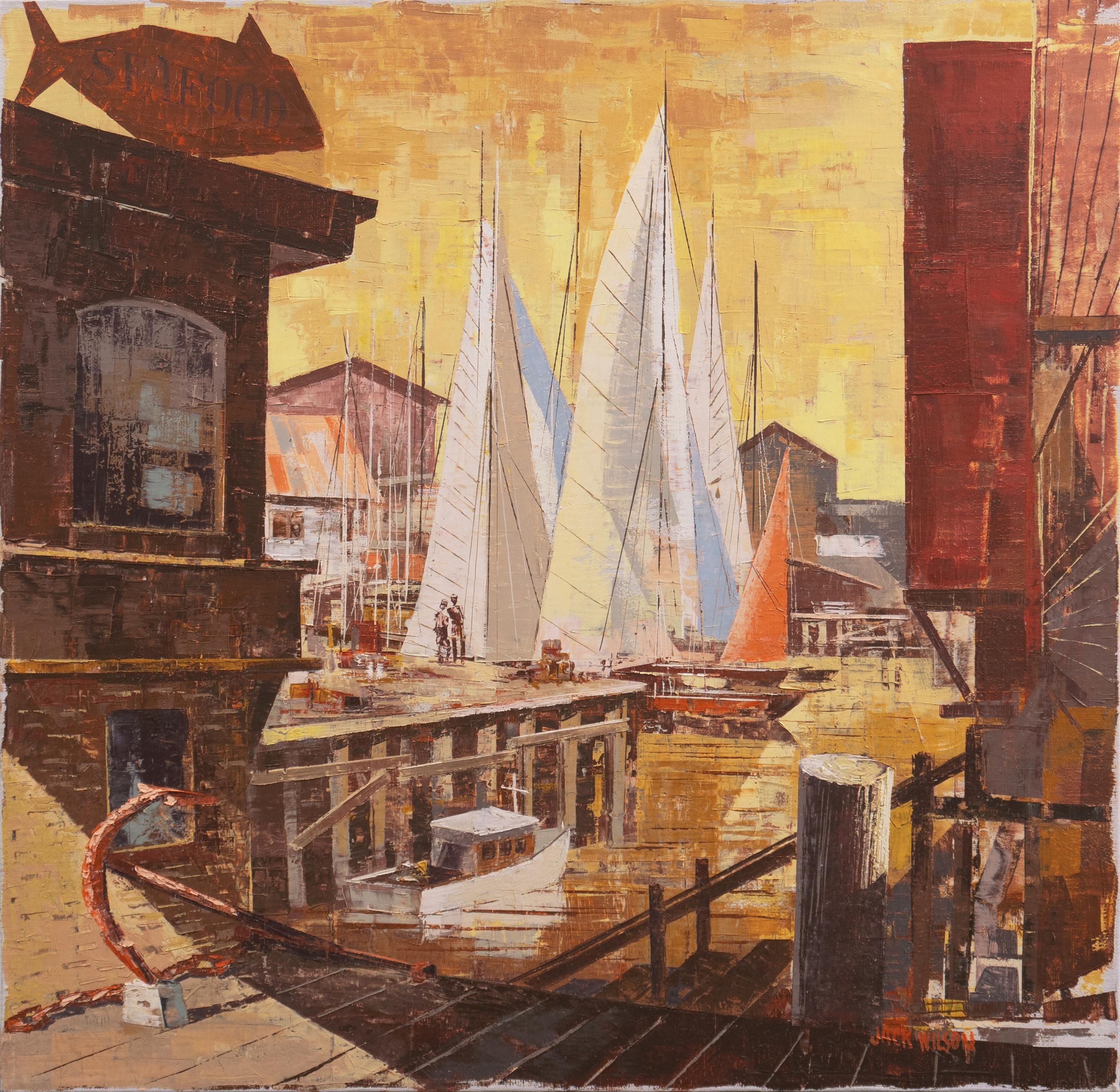 Landscape Painting Jack Wilson - Morning Sun", San Francisco Bay Area Modernist Harbor Scene (scène portuaire moderniste), Seascape (paysage marin), Seafood (fruits de mer)